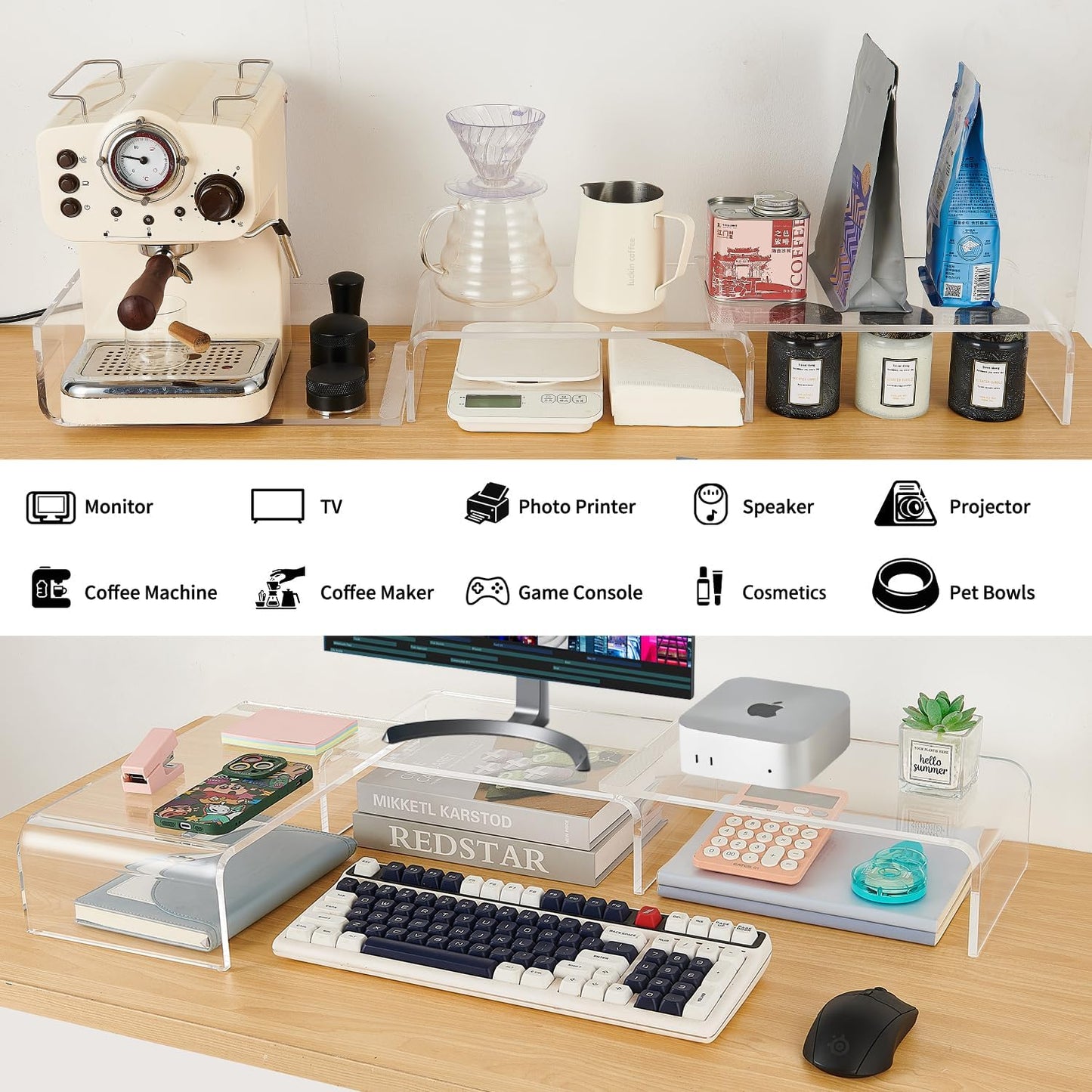 Acrylic Monitor Stand , Clear Monitor Stand for Desk, Computer Accessories for Home Office, Desk Organizer Shelf for Laptop, PC, Multi Media and more