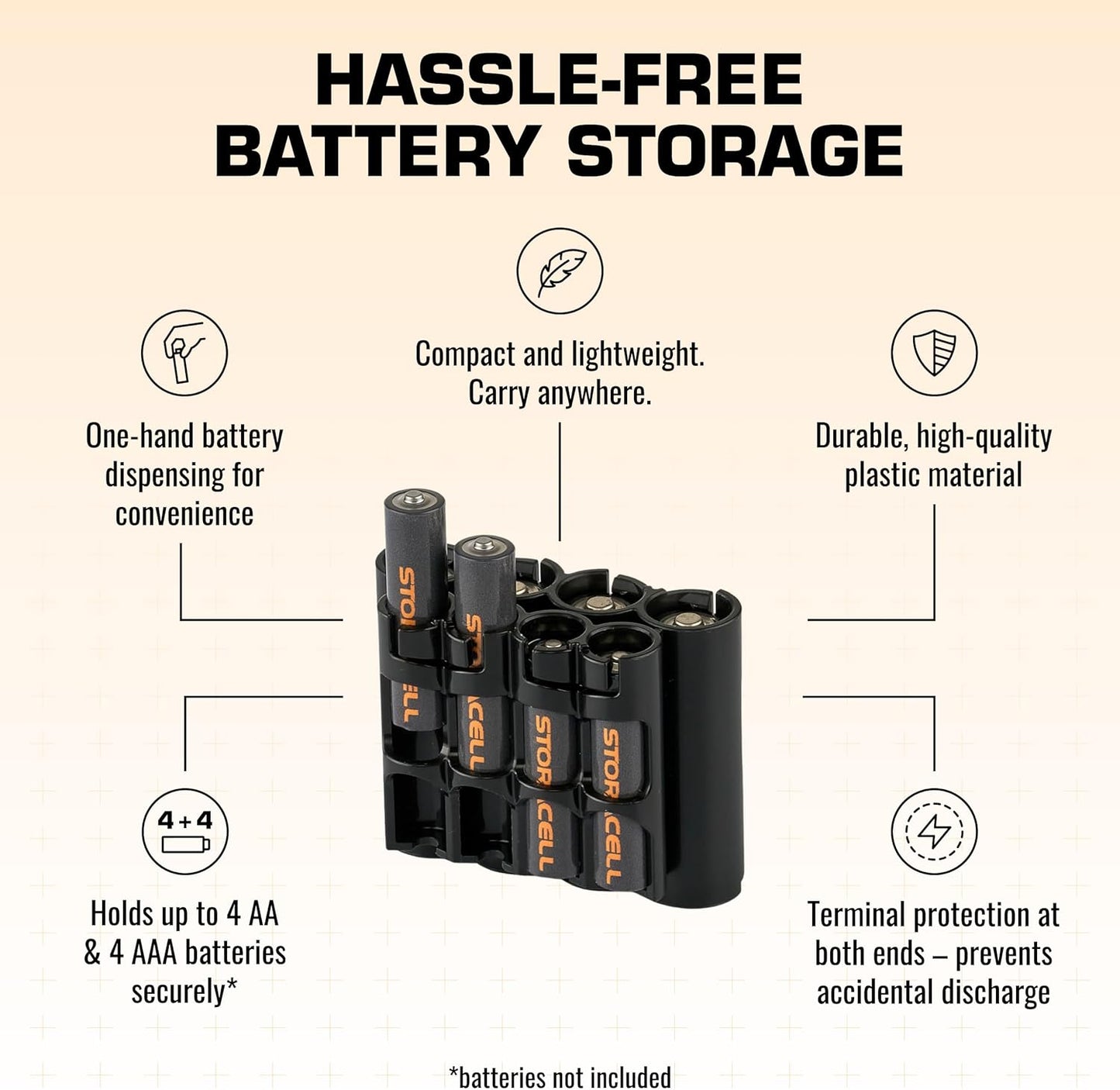 Storacell AA + AAA Combo Battery Storage Caddy and Dispenser (Pack of 2), Black, Holds 4 AA + 4 AAA Batteries (Not Included), Durable & Compact Design, The Original Battery Caddy, Made in The USA