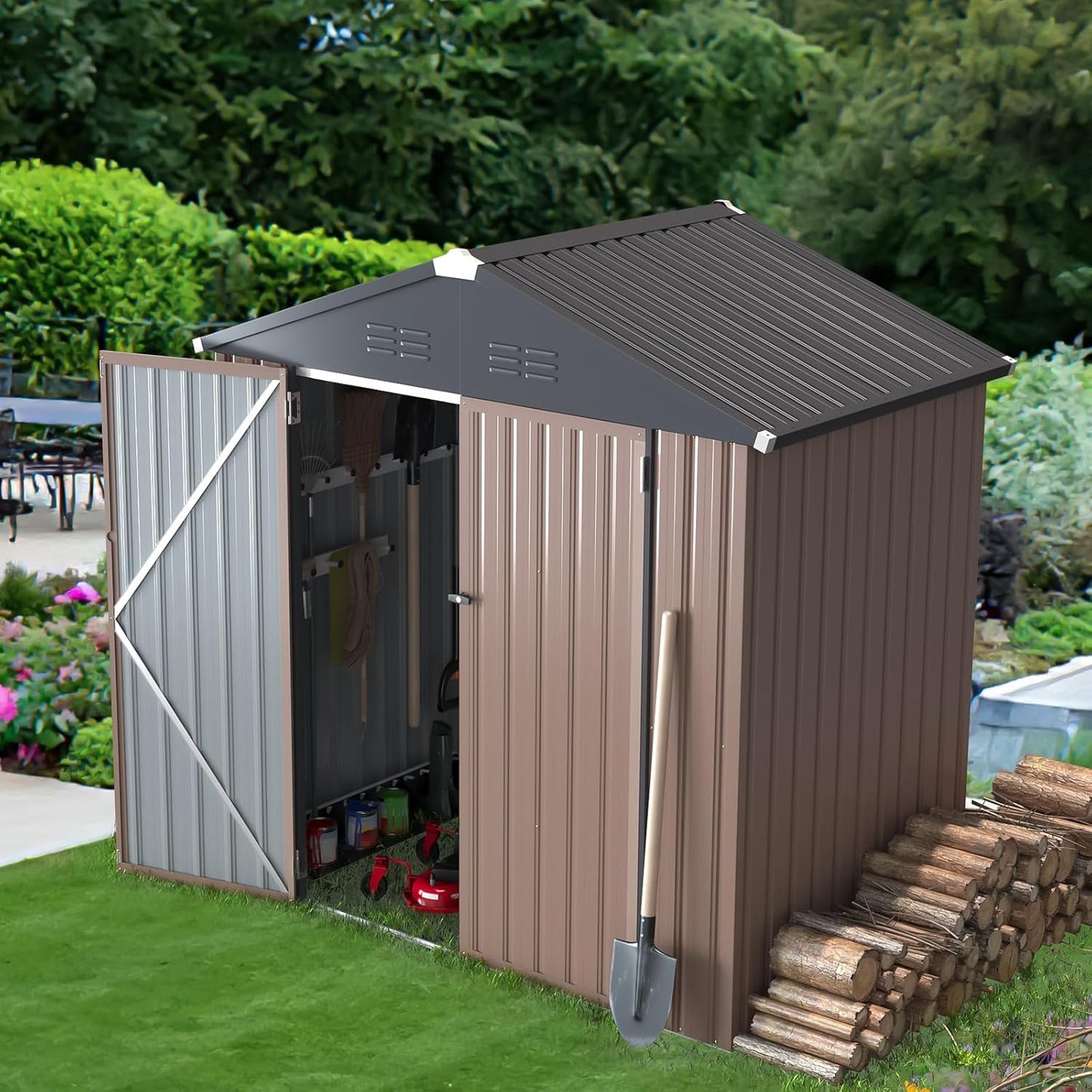 AECOJOY 6' x 4' Storage Shed, Metal Sheds & Outdoor Storage Clearance, Utility and Tool Garden Shed with Lockable Doors for Backyard, Patio, Outside Use
