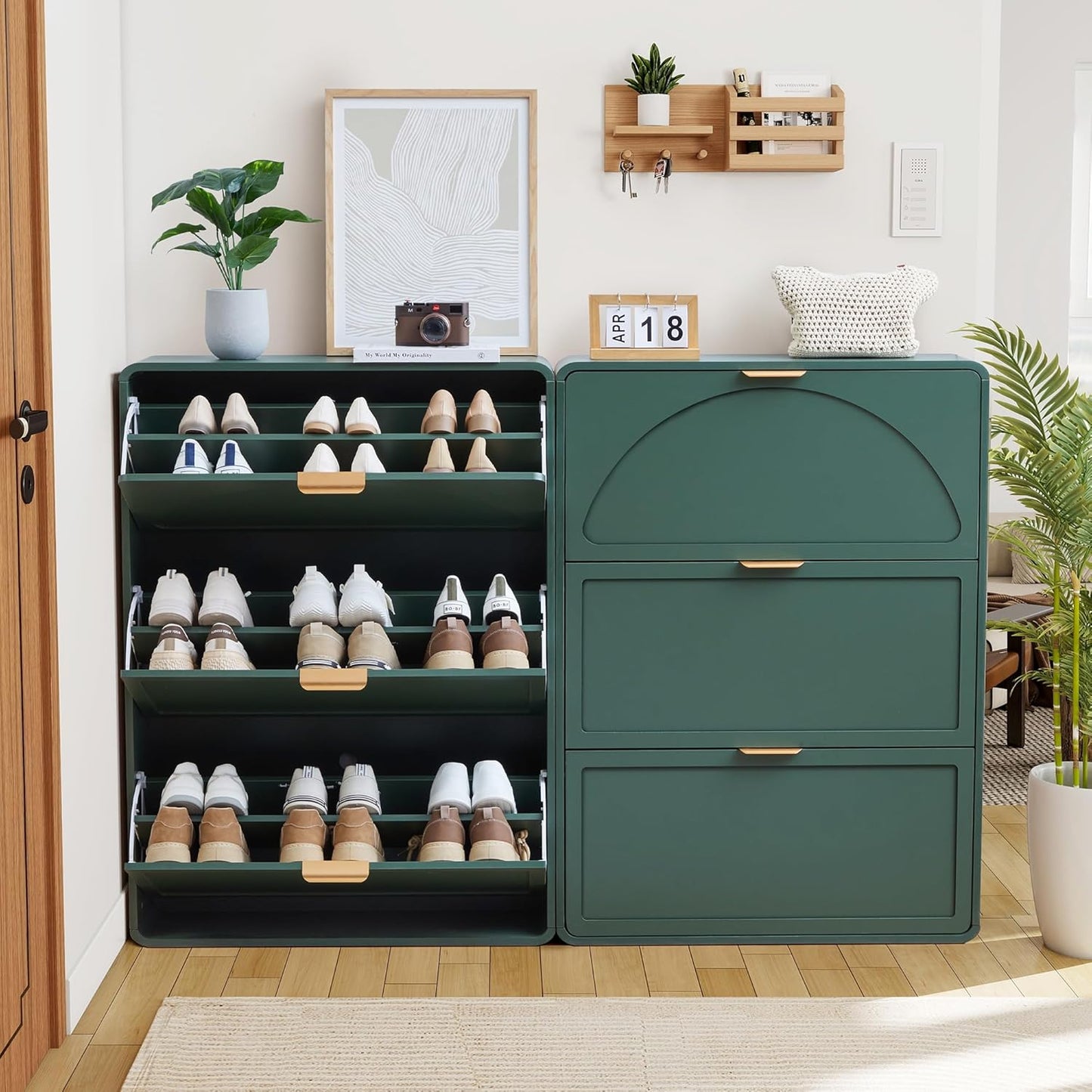 Hidden Shoe Cabinet with Drawer, Free Standing Narrow Shoe Rack Cabinet for Entryway Slim, 3 Flip Drawer Shoe Storage Organizer Cabinet for Entry,Hallway,Door,Dorm,Small Spaces - Green