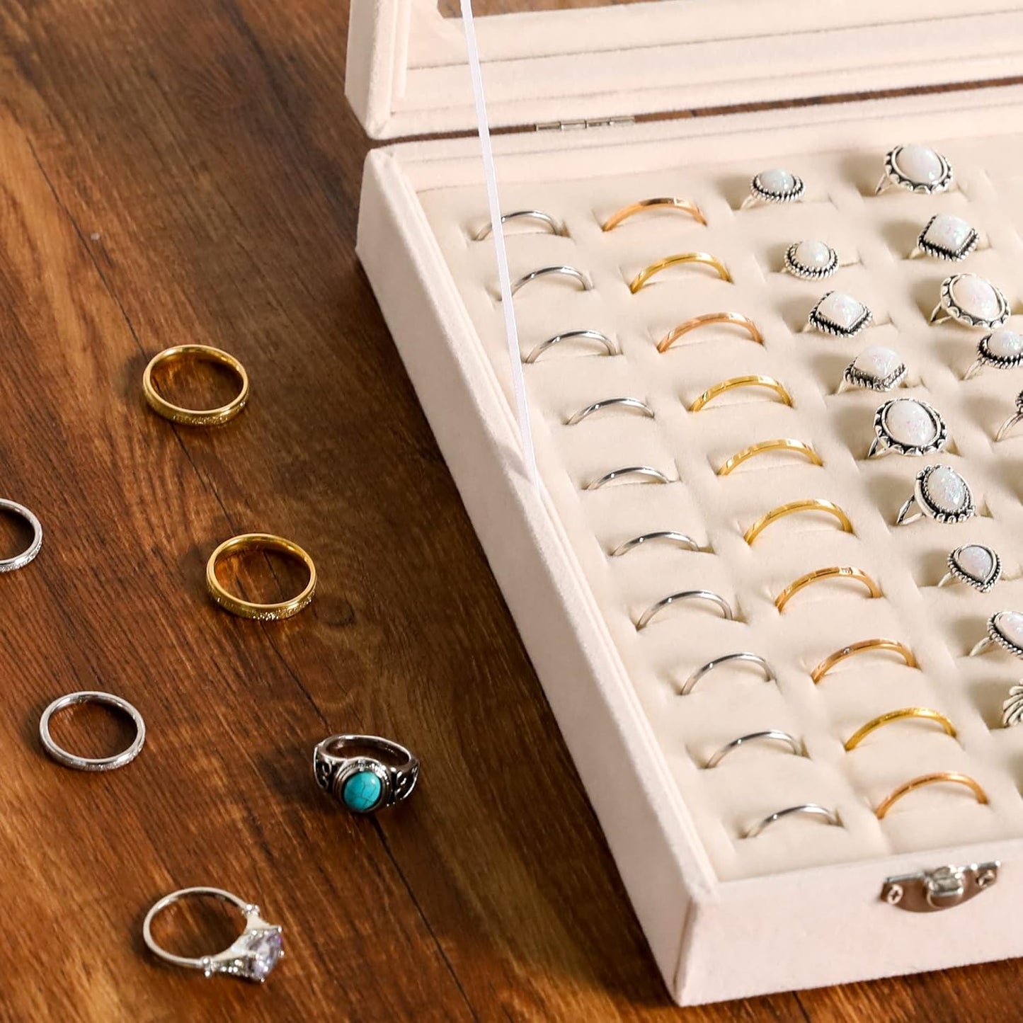 Frebeauty Ring Organizer Tray 100 Slots Ring Holder with Clear Lid Velvet Storage Box Jewelry Tray for Jewelry Store Earring Display Case for Jewelry Show Studs Box for Women(Beige)