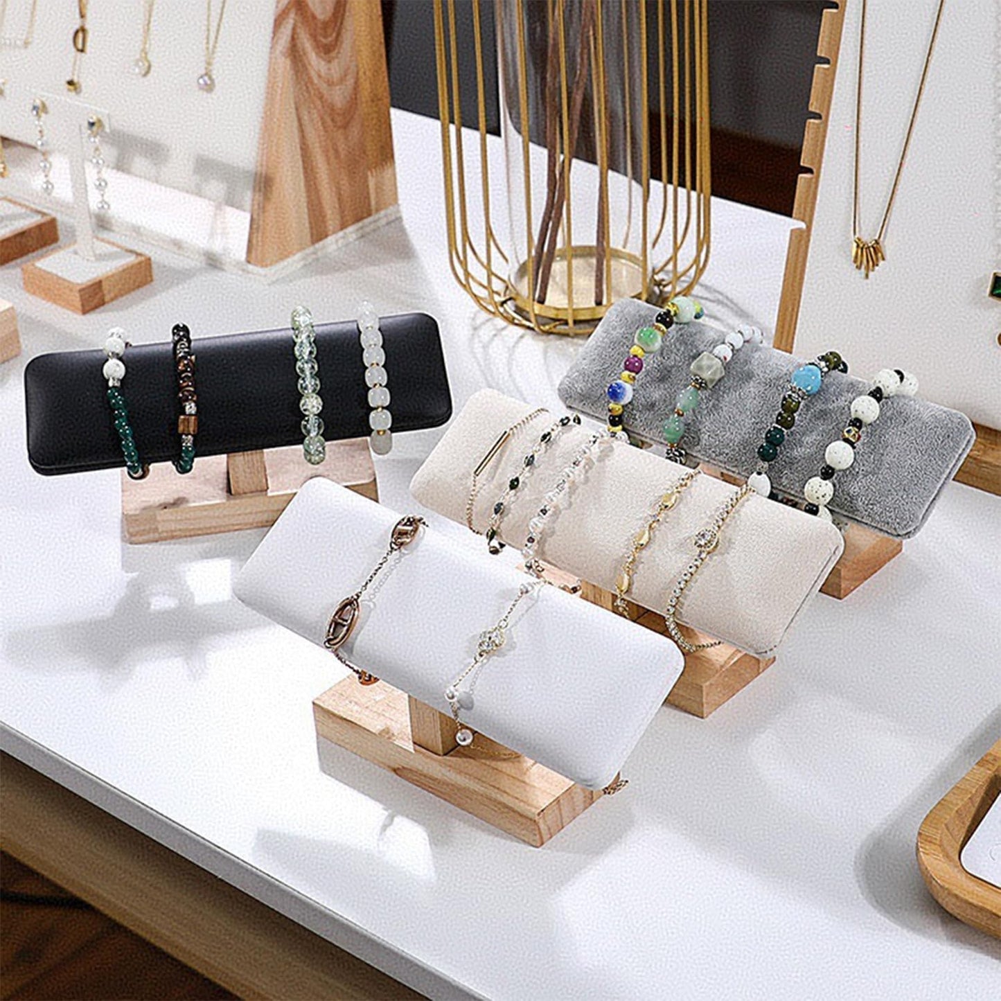 Wooden Watches Display Stands Base Watch Necklace Bracelet Organizer Rack Bangle Scrunchie Headband Showcase Stands Exterior Beige PU