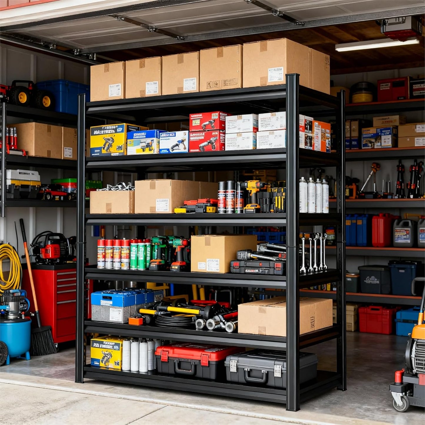 Storage Shelves, Garage Metal Shelving Unit, Adjustable, Double-Layer Column with Reinforced Ribs, Heavy-Duty, Capable of Bearing 600-3600 lbs (Black, 45''W*20''D*82''H, 6-Tier)