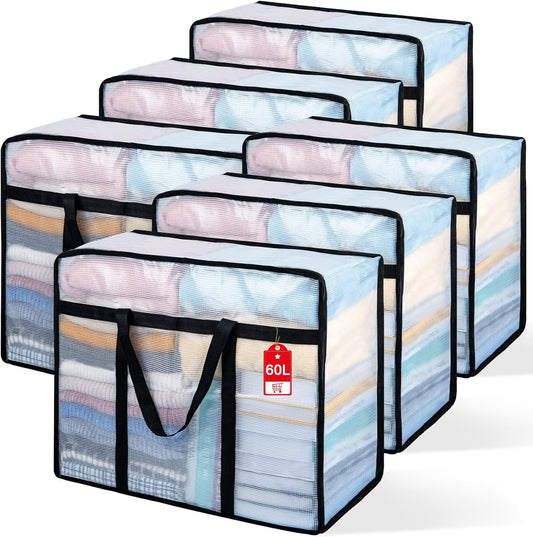 6 Pack Clear Blanket Storage Bags with Zipper, Vinyl Foldable Moving Bags Closet Organizers and Storage Containers for Bedding, Blankets, Comforters, Clothing, Toys, Quilt, Duvet, 60L