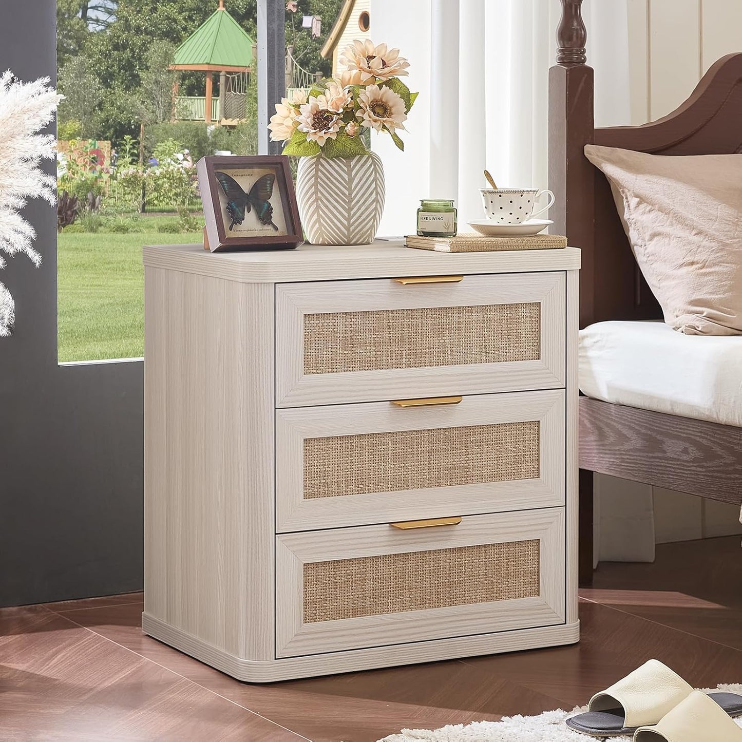 LEYAOYAO Rattan Night Stand with Charger Station, 23" Large 3 Drawer Boho Nightstand, Grey White Bedside Table Storage Cabinet, Bed Side End Tables for Bedroom, Living Room, Hallway