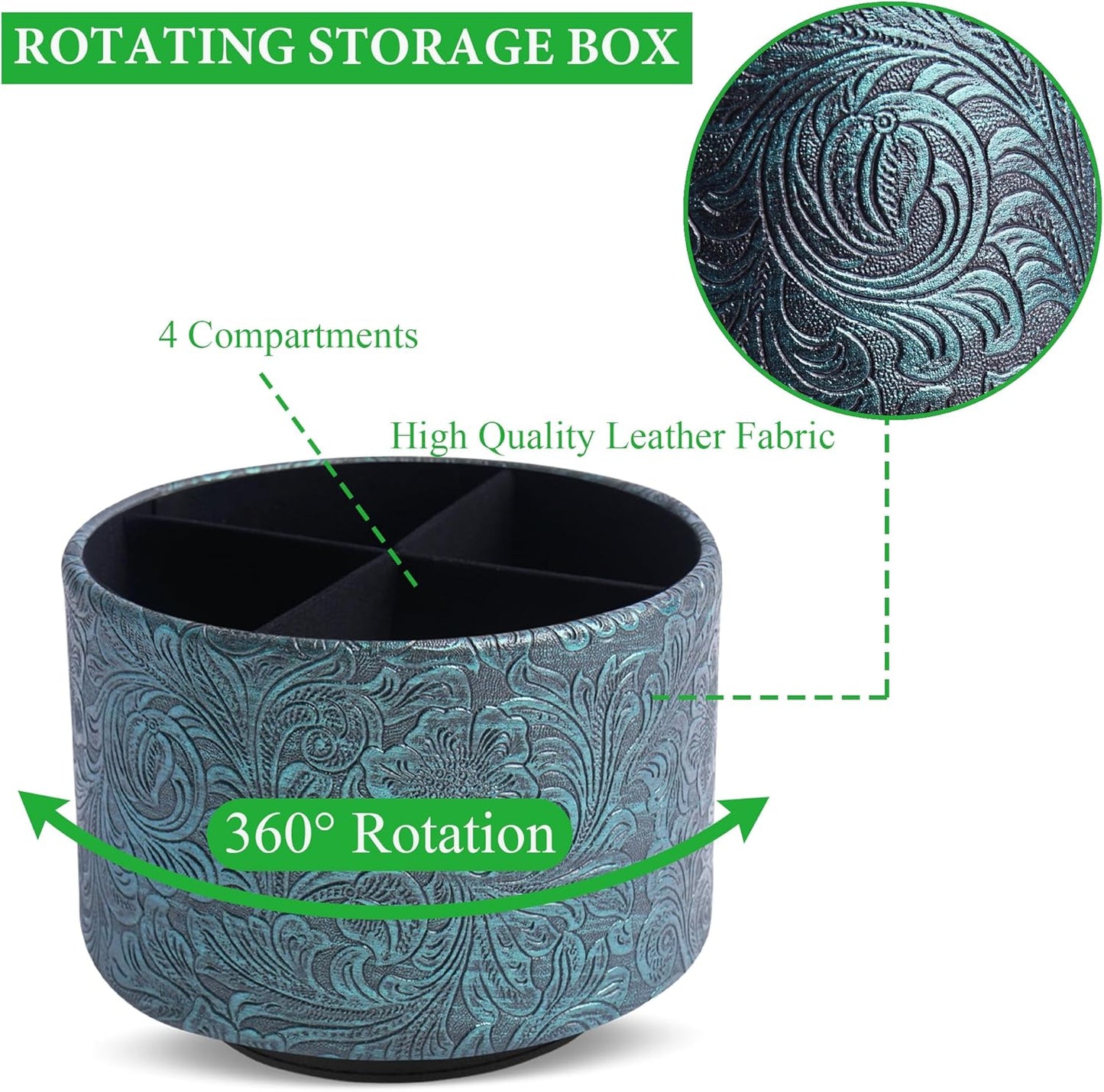 lizimandu Round Leather Art Supply Organizer,Remote Control Holder,360 Degree Spinning,Multi-Functional Pencil Holder,4 Compartments Desktop Stationary Organizer(1-Carved Metal Green3)