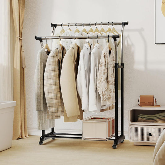 COSTWAY Double Rod Clothing Rack, Rolling Garment Rack with Shelf, Wheels, Adjustable Height Heavy Duty Metal Clothes Racks for Hanging Clothes for Dressing Room, Laundry, Living Room