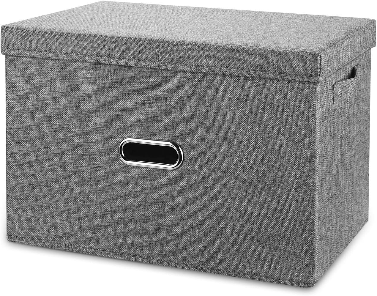Large Linen Collapsible Storage Bins with Removable Lids and Handles, Washable Storage Box Containers Baskets Cube with Cover for Bedroom,Closet,Office,Living Room,Nursery (Grey, Large)