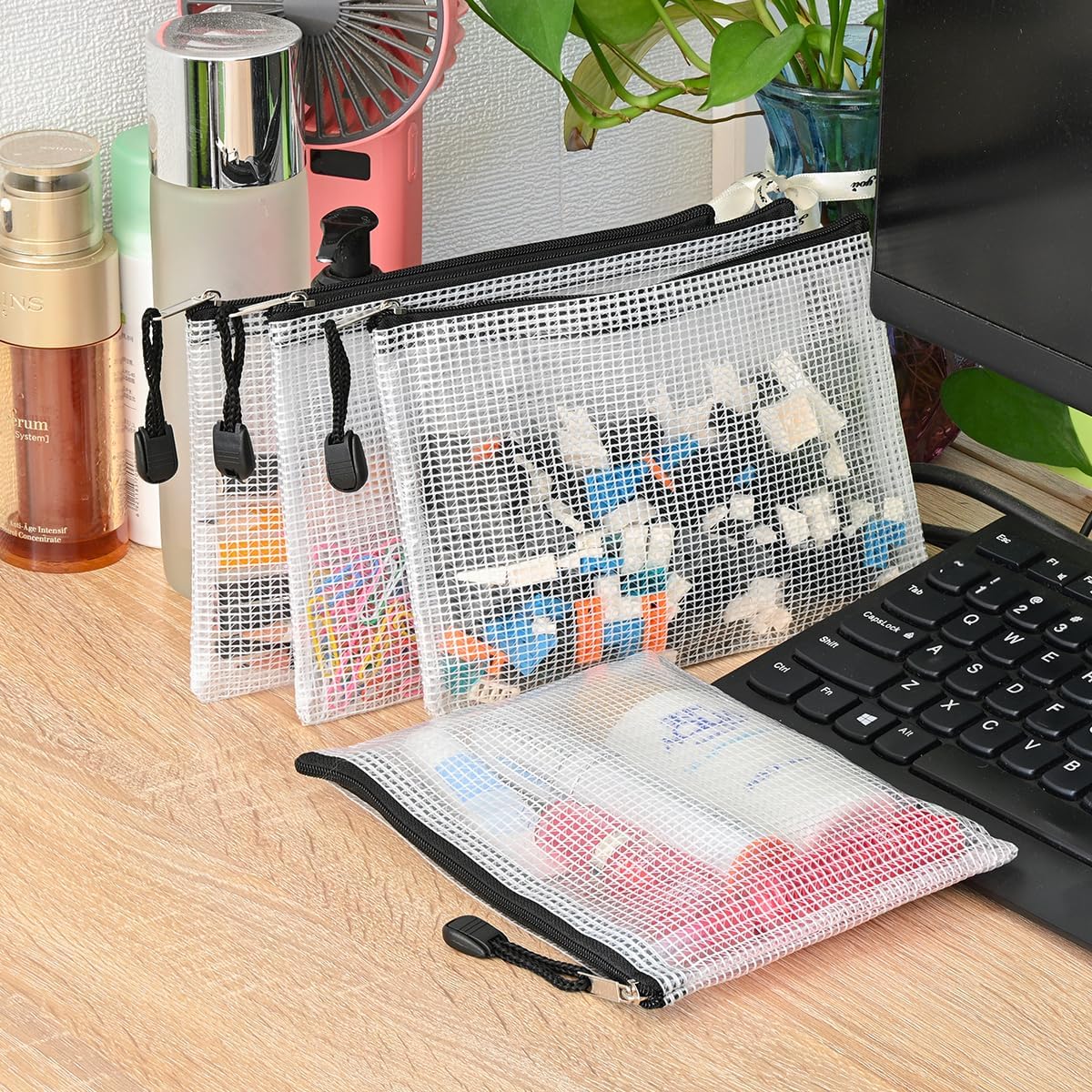 AUSTARK 20 Pcs Zipper File Bags, Plastic Mesh Pouch, Board Game Storage, Waterproof Bags for Office School (B6 Size 7.6''x5.3'', White and Black)