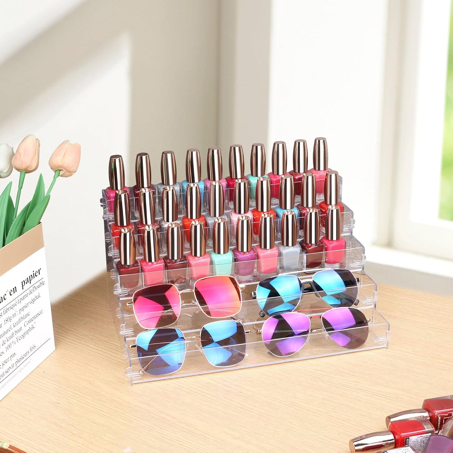 Sunglass Organizer Easy Snap-on Assembly, Acrylic Sticker Display Stand for Vendors, Nail Polish Holder Nail Desk Essential Oil Lipstick Storage,Clear Sunglasses Perfume Organizer (5 Layers)