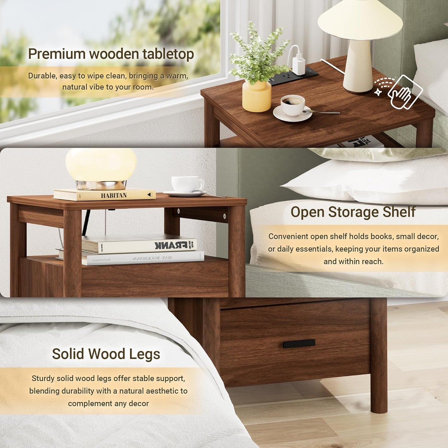 Night Stand Set of 2 with Charging Station, 20" Large Modern Side Table with Solid Round Post Legs, 2 Drawers End Table with Open Shelf, Nightstand for Bedroom, Walnut