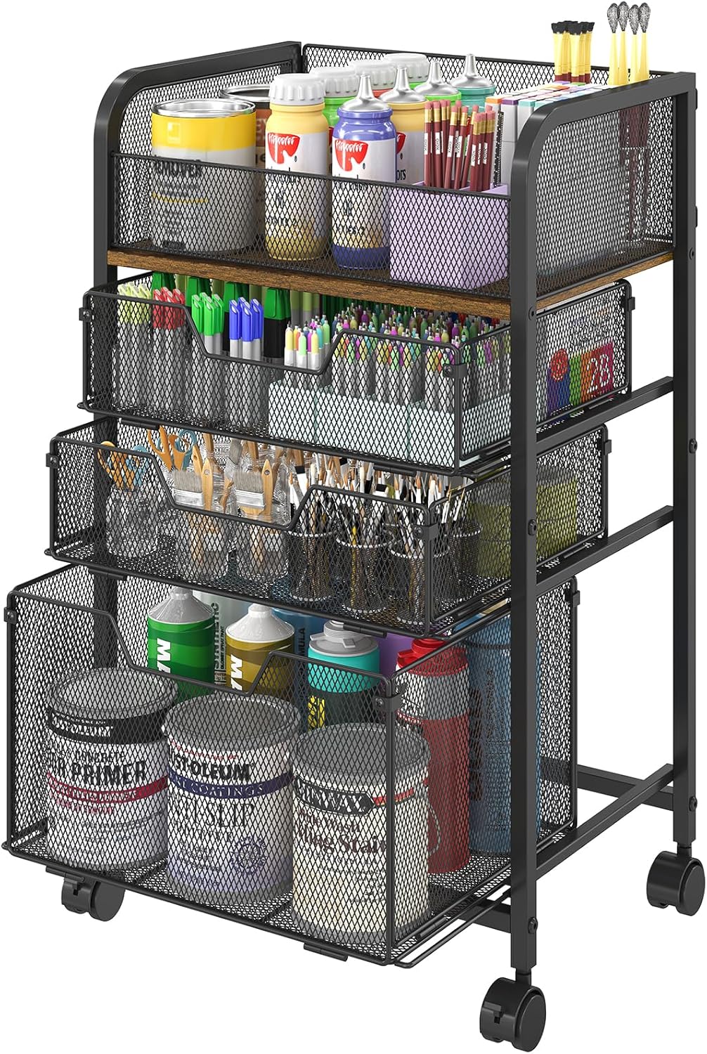 4-Tier Rolling Utility Cart with 3 Drawers - Craft Organizers and Storage with 360° Lockable Wheels,Art Supply Storage Organizer for Art Supplies, Store for Brushes & Paints & Artifacts Small Parts