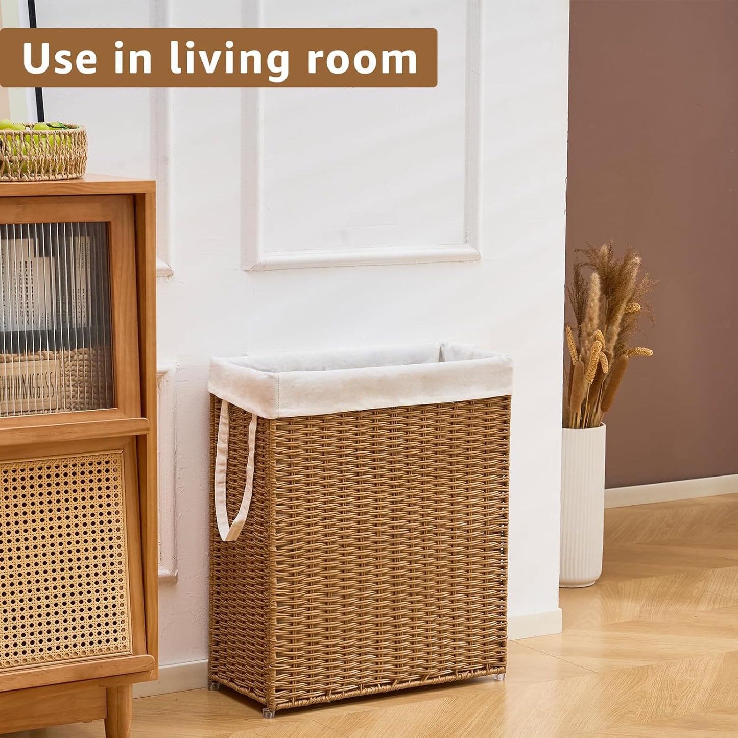 Slim Wicker Laundry Hamper, 75L Handwoven Rattan Basket with Handles, Narrow Laundry Basket with Removable Liner Bag & 2 Mesh Bags