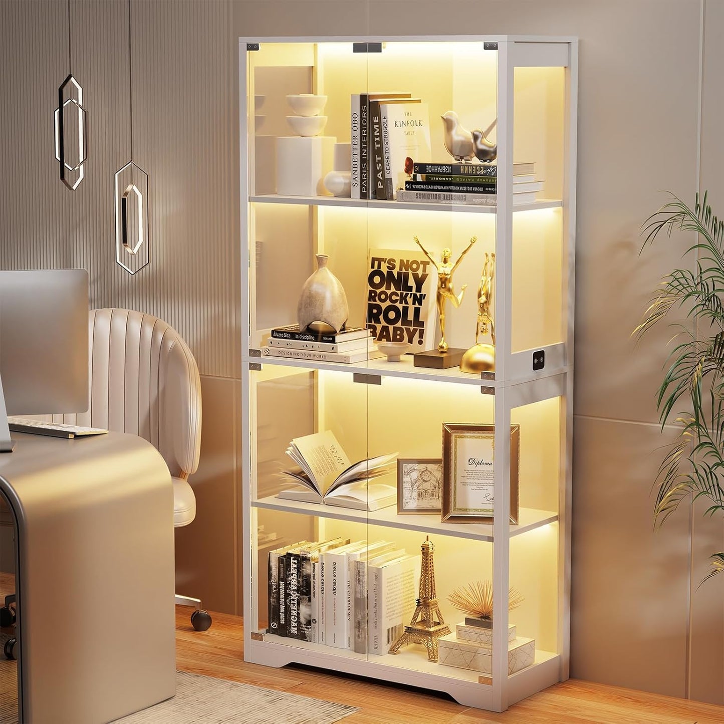 Display Cabinet with Glass Doors, 4-Tier Curio Cabinet with 3 Color Lights for Collectibles, Glass Display Case with Human Body Sensor, Bookcase with 4 Shelves, Storage Cabinets, White