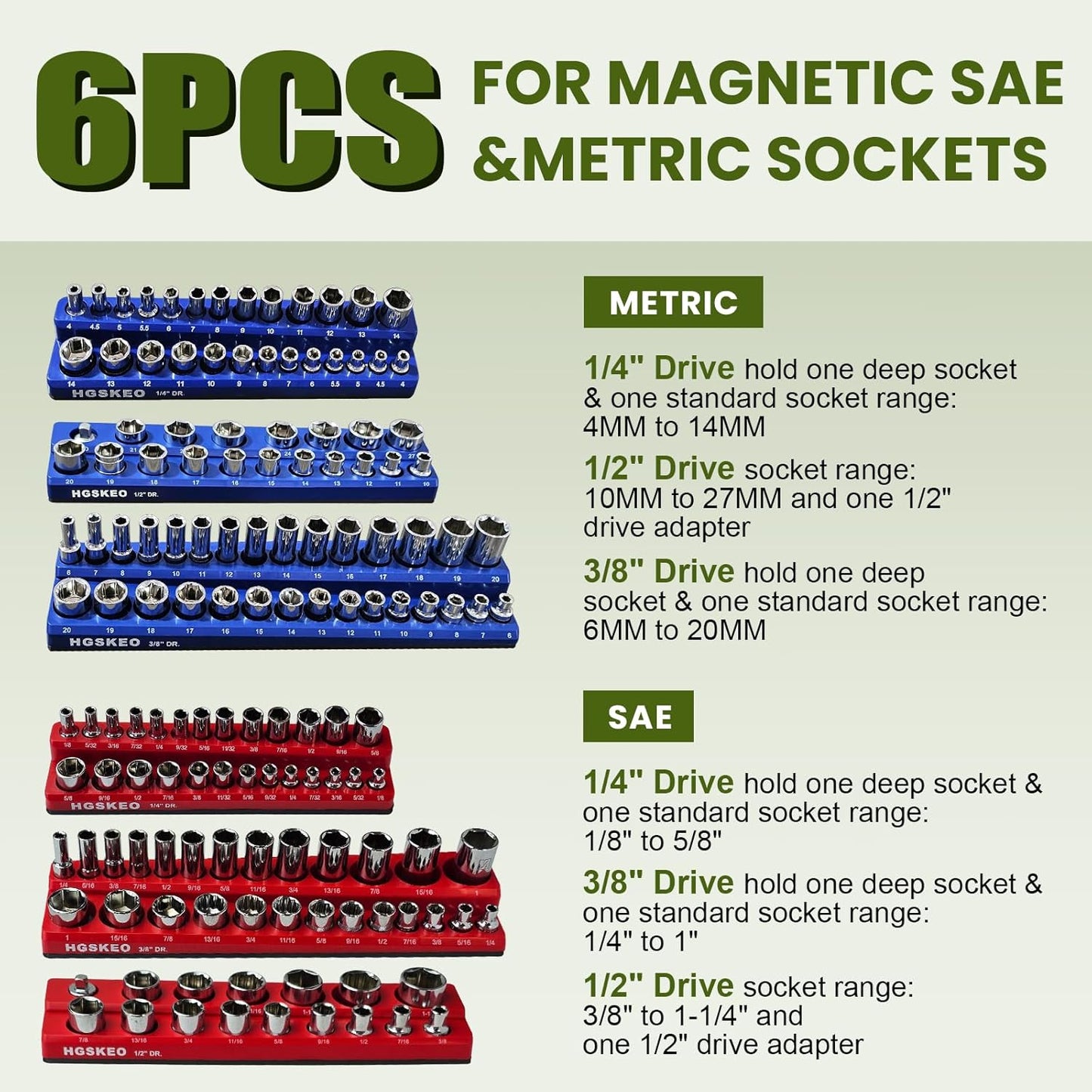 Magnetic Socket Organizer Set & Socket Clip Rail Holder, Totally 12Pcs Socket Tray Set for 1/4", 3/8", and 1/2" Sizes Drive, Premium Qualit Socket Organizer(Red & Blue, 12Pcs)