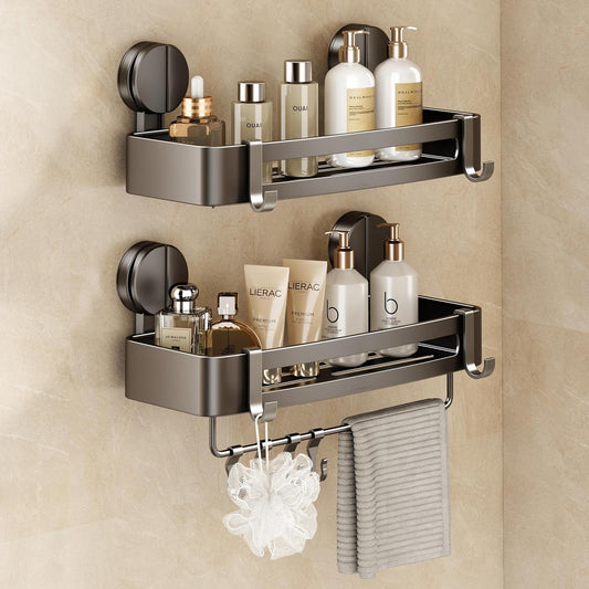 VOLPONE Shower Caddy Suction Cup, 2 Pack Corner Shower Shelves No Drilling, Showers Organizer Storage with Towel Bar & Removable Hooks, Bathroom Shower Shelf Rack for Inside Showers, Square