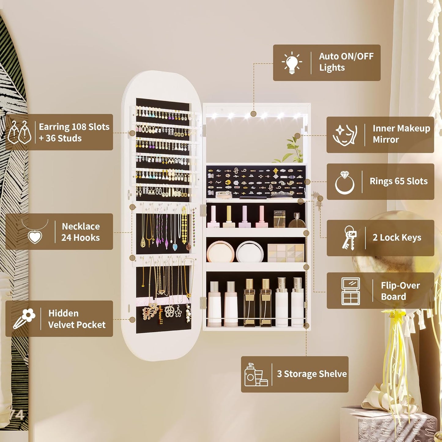 LVSOMT LED Mirror Jewelry Cabinet, Wall/Door Mount Jewelry Mirror Organizer, Rounded Full Length Mirror with Storage, Lockable Jewelry Armoire, 16" Wide, Foldable Shelf, Interior Mirror, White