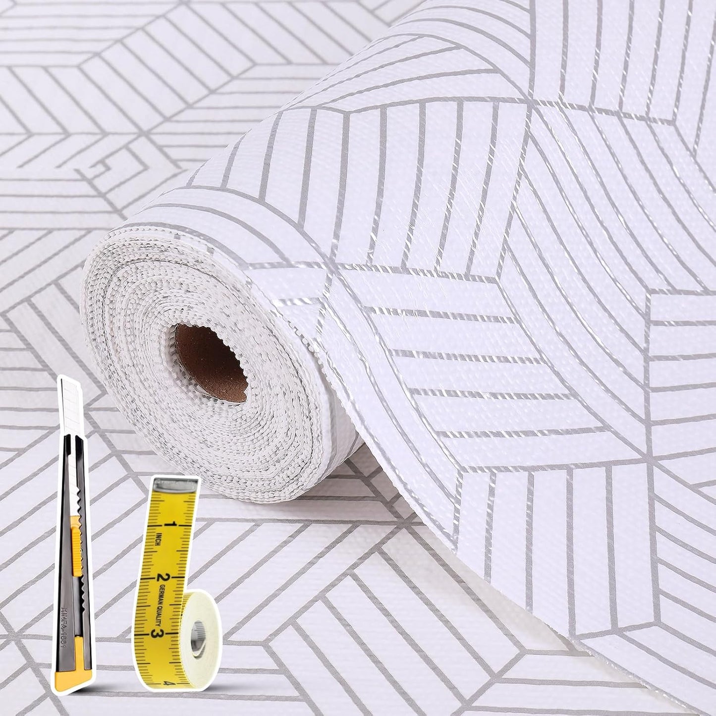Shelf Liners for Kitchen Cabinets 12in x 10FT, Non Adhesive Cabinet Liner Strong Non-Slip Thickened Silver Geometric Easy to Clean for Shelf, Cabinet, Refrigerator with Knife and Tape Measure