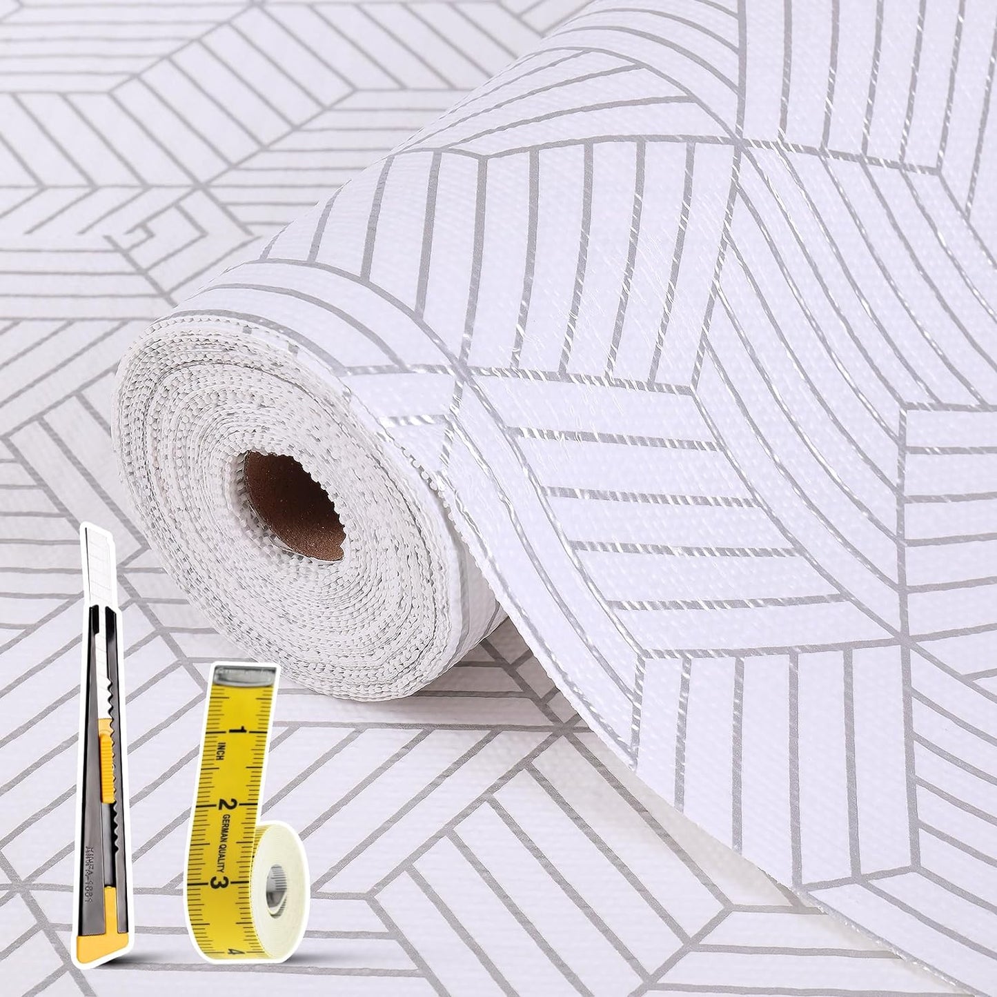 Shelf Liners for Kitchen Cabinets 12in x 20FT, Non Adhesive Cabinet Liner Strong Non-Slip Thickened Silver Geometric Easy to Clean for Shelf, Cabinet, Refrigerator with Knife and Tape Measure