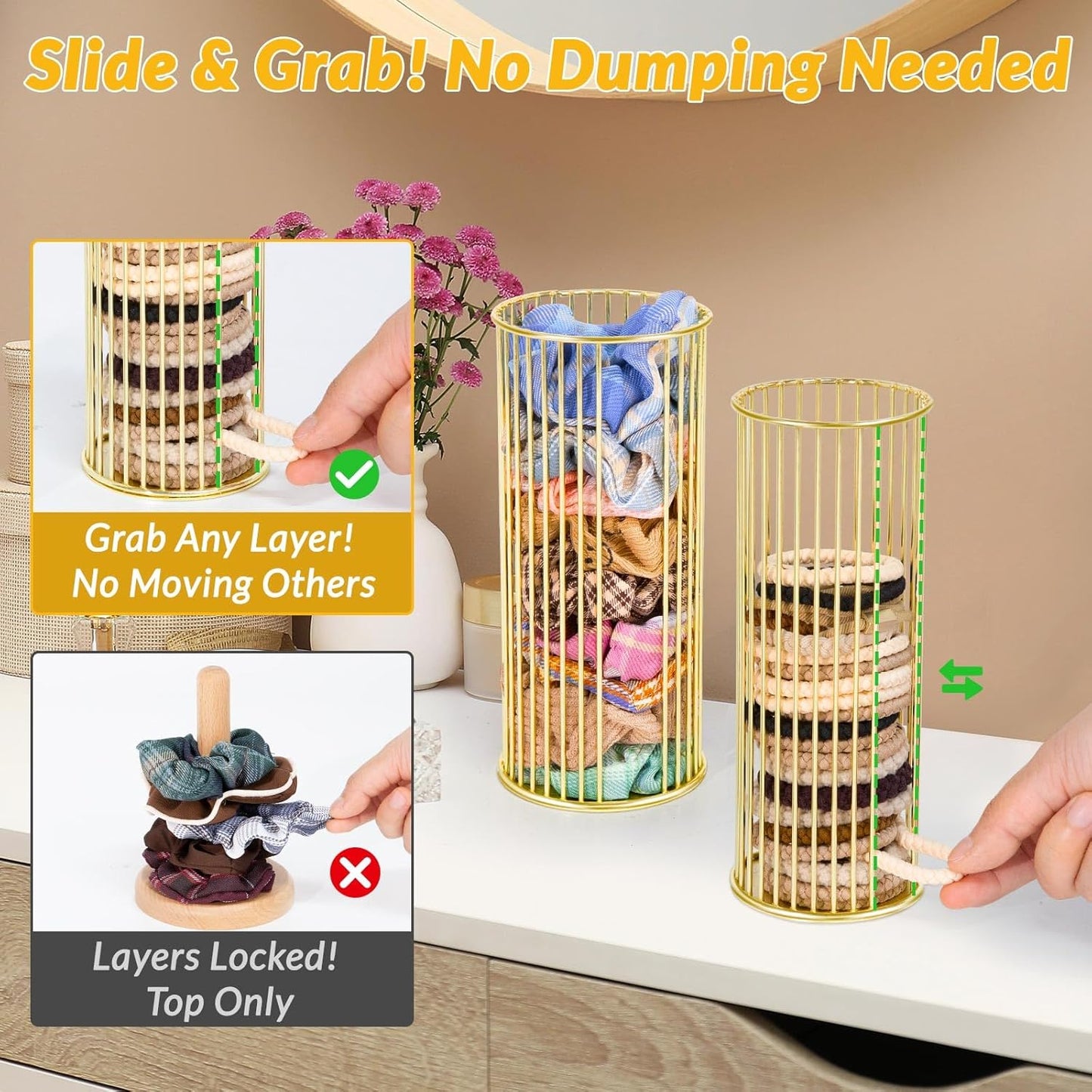Gold Metal Hair Ties Holder Organizer – Stylish Scrunchie Stand with Side Opening for Easy Access – Countertop Hair Elastics Storage for Women & Girls, Set of 2 (Large & Small)