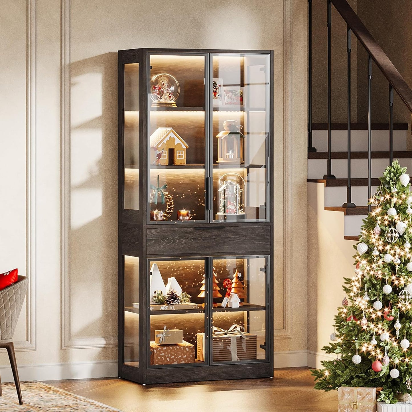Tribesigns 71-inch Tall Display Cabinet with Doors, 5-Tier Curio Cabinet for Collectibles with LED Lights and Drawer, Display Case Bookcase with Shelves for Bedroom, Living Room, Office, Black