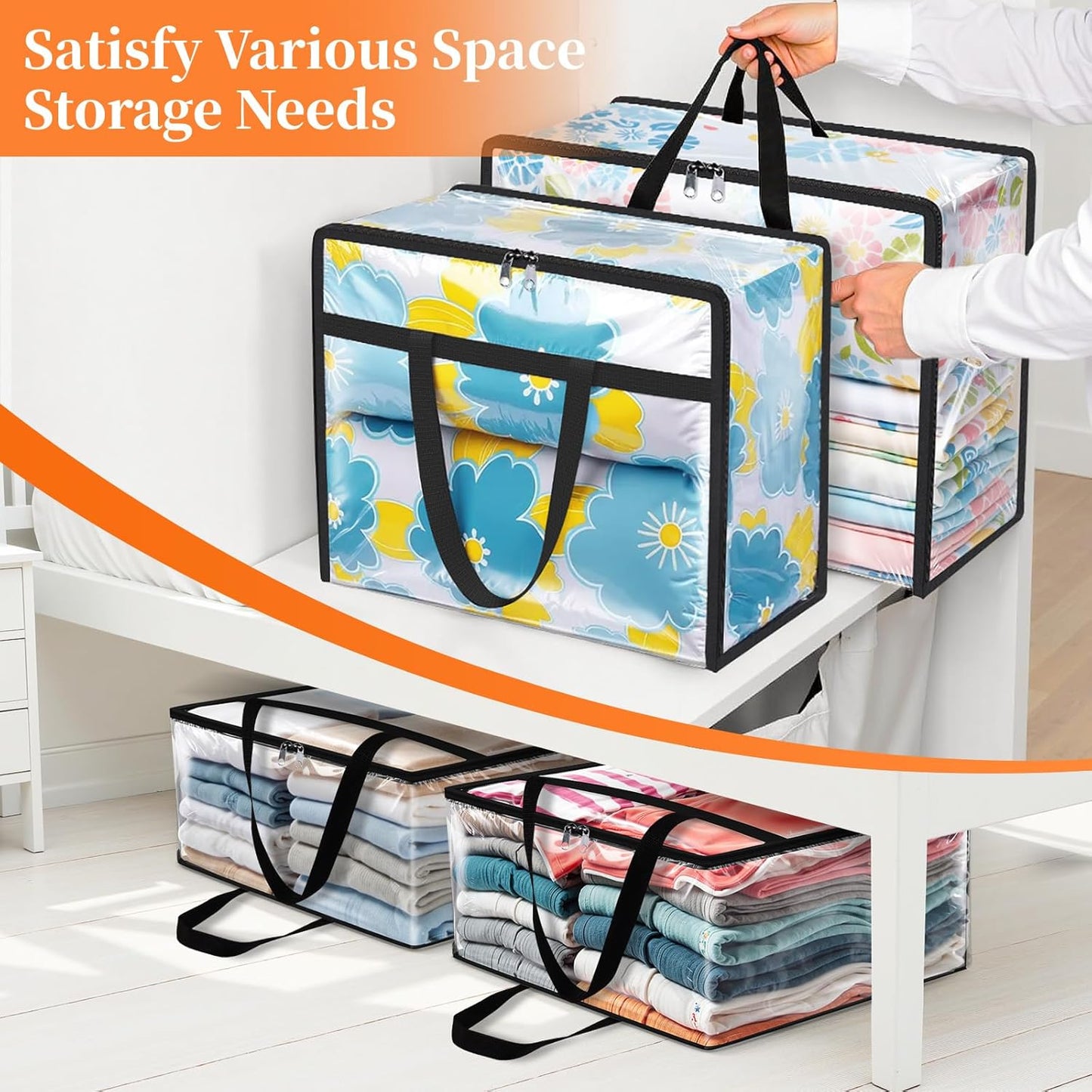 4 Pack Storage Bags, Clear Under Bed Storage and Closet Organizers Containers, 40L Foldable Moving & Packing Bags with Zippers for Comforter, Bedding, Duvet, Blanket & Toy Storage