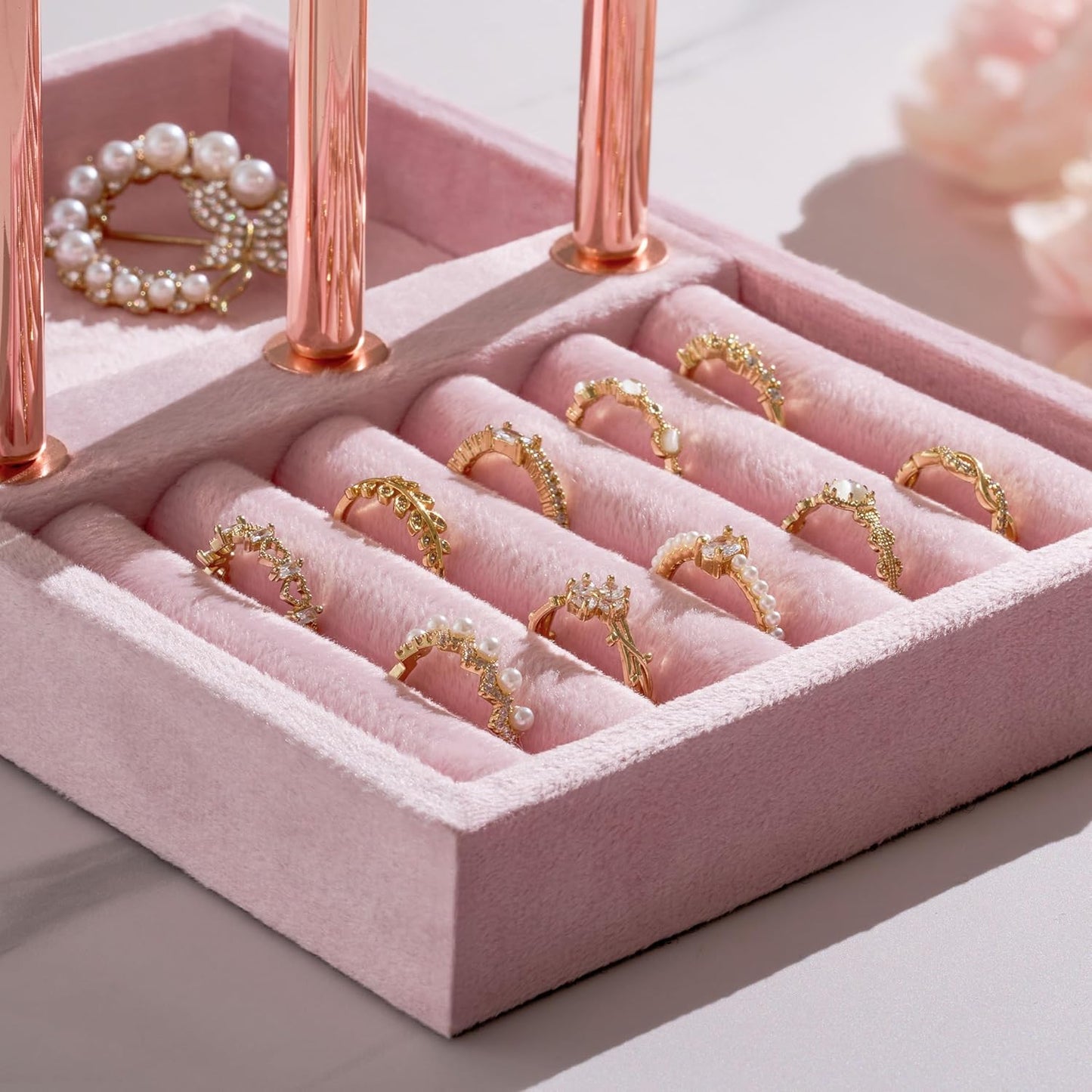 3 Tier Bracelet Holder Display - Detachable T Bar Pink Velvet Bracelet Holder, Jewelry Holder Organizer for Bracelet, Necklace, Earrings, Rings