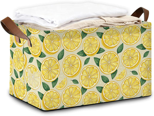 Lemon Storage Bin with Handles, Basket Storage Organizer for Shelves, Closet, Nursery, Book, Laundry Hamper & Home Decor