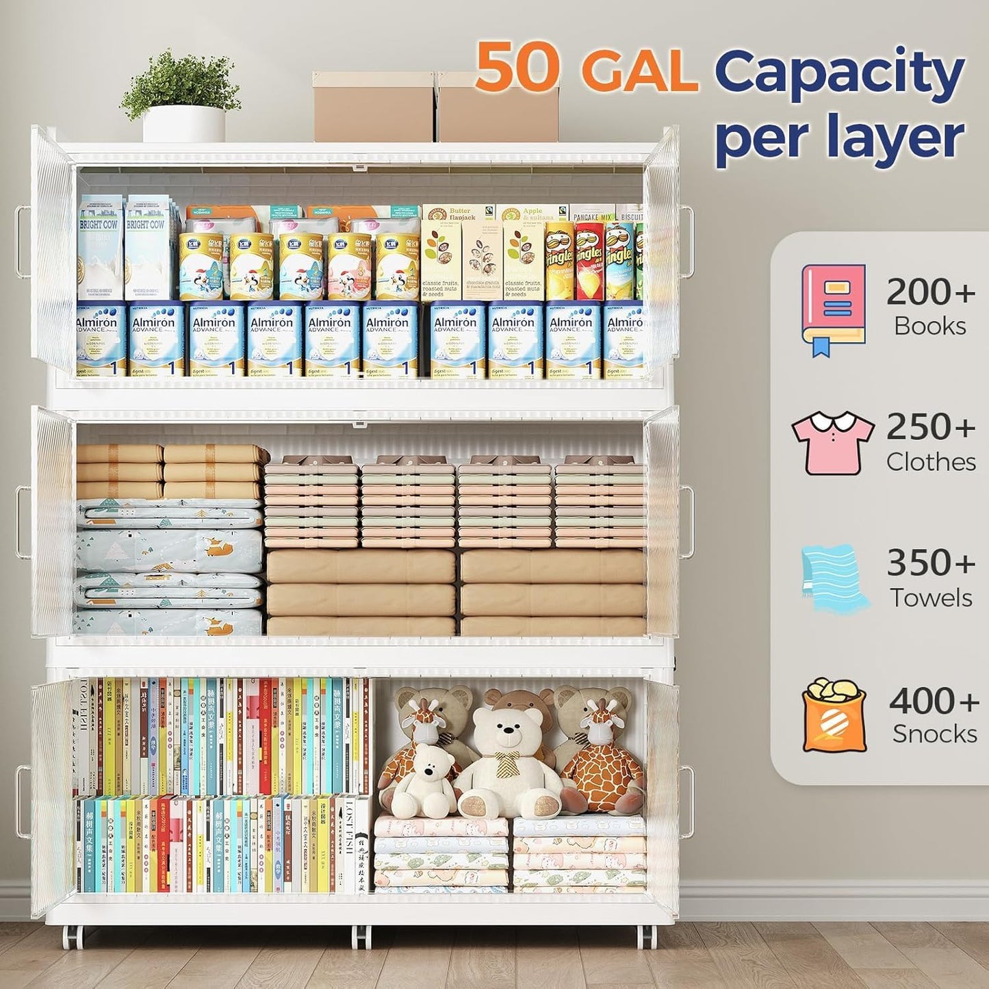 240GAL Extra Large Storage Bins with Lid, 960QT Collapsible Organizer with Wheels, Stackable Closet Cabinet with Doors, Folding Storage Containers for Home, Office, Kitchen, 3Pack White