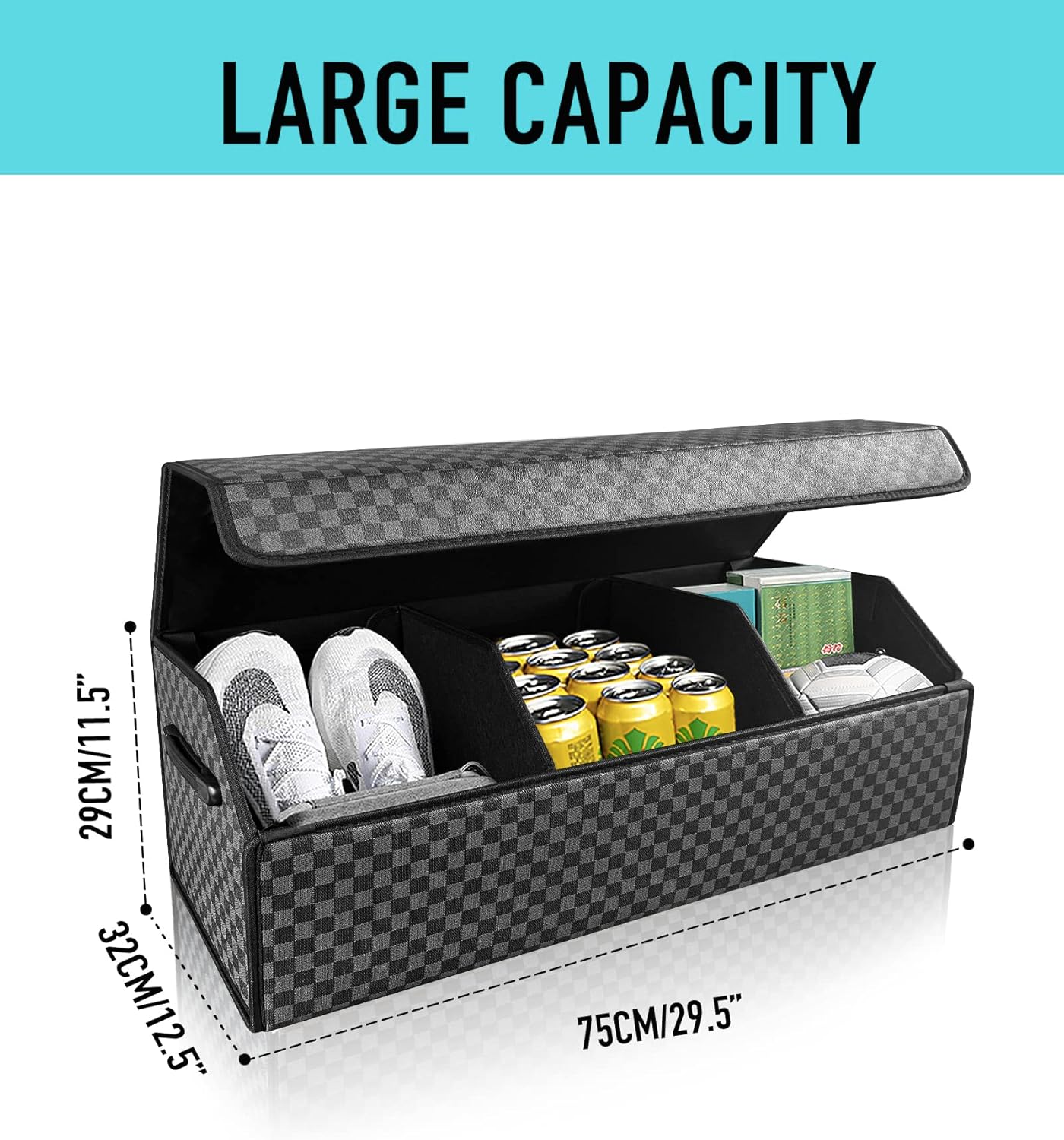 Trunk Organizer for SUV - Leather Storage Box, Extra Large, Magnetic Lid, Collapsible and Adjustable Car Organizer