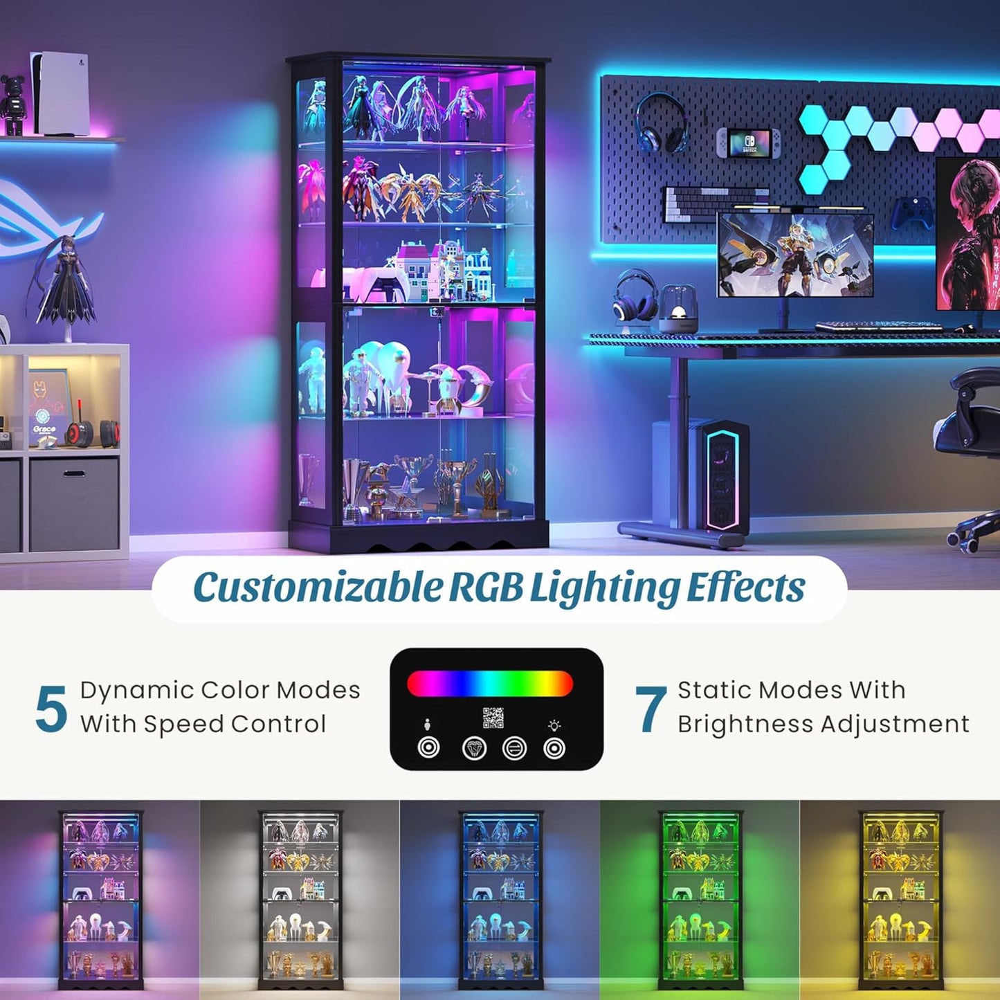 Display Cabinet with Glass Doors, 71'' Tall Curio Cabinet with RGB Lights for Collectibles, LED Display Case with Removable Shelf for Book/Medal/Figure, Black