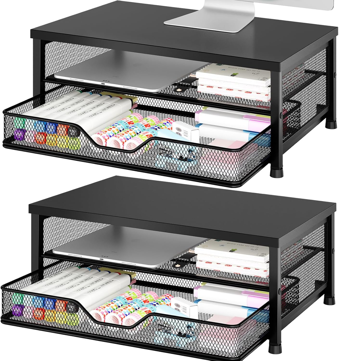 OPNICE Computer Monitor Stand Riser, Desk Organizer with Drawer, Laptop Stand, Office Desk Accessories & Workspace Desktop Organizers Storage for Office Supplies(Black 2-Pack)