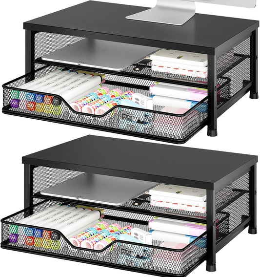 OPNICE Computer Monitor Stand Riser, Desk Organizer with Drawer, Laptop Stand, Office Desk Accessories & Workspace Desktop Organizers Storage for Office Supplies(Black 2-Pack)