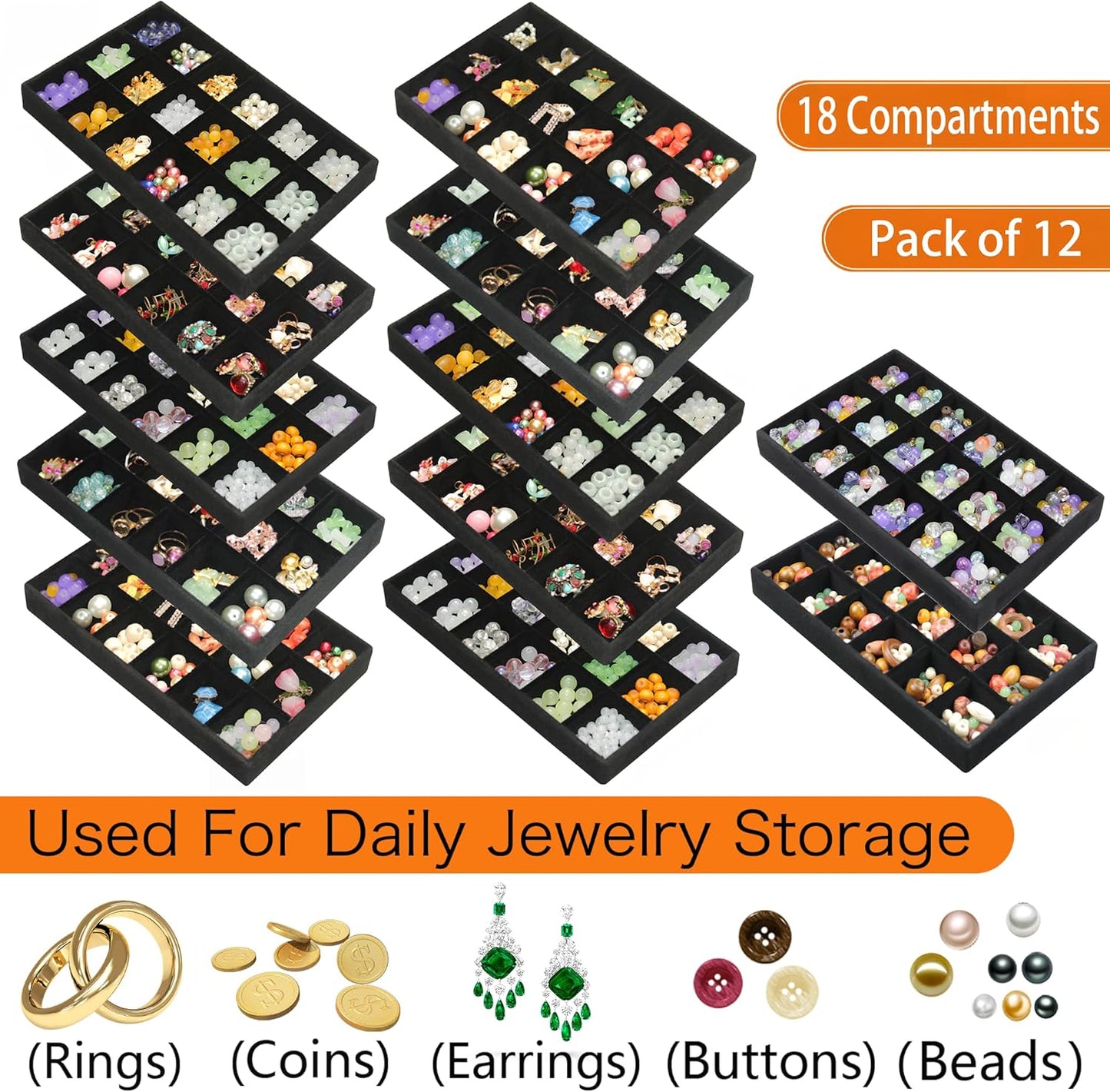 216 Grids Jewelry Drawer Organizer Tray 12 Pack Stackable Velvet Jewelry Trays Removable Dividers for Earring Rings Storage Plate
