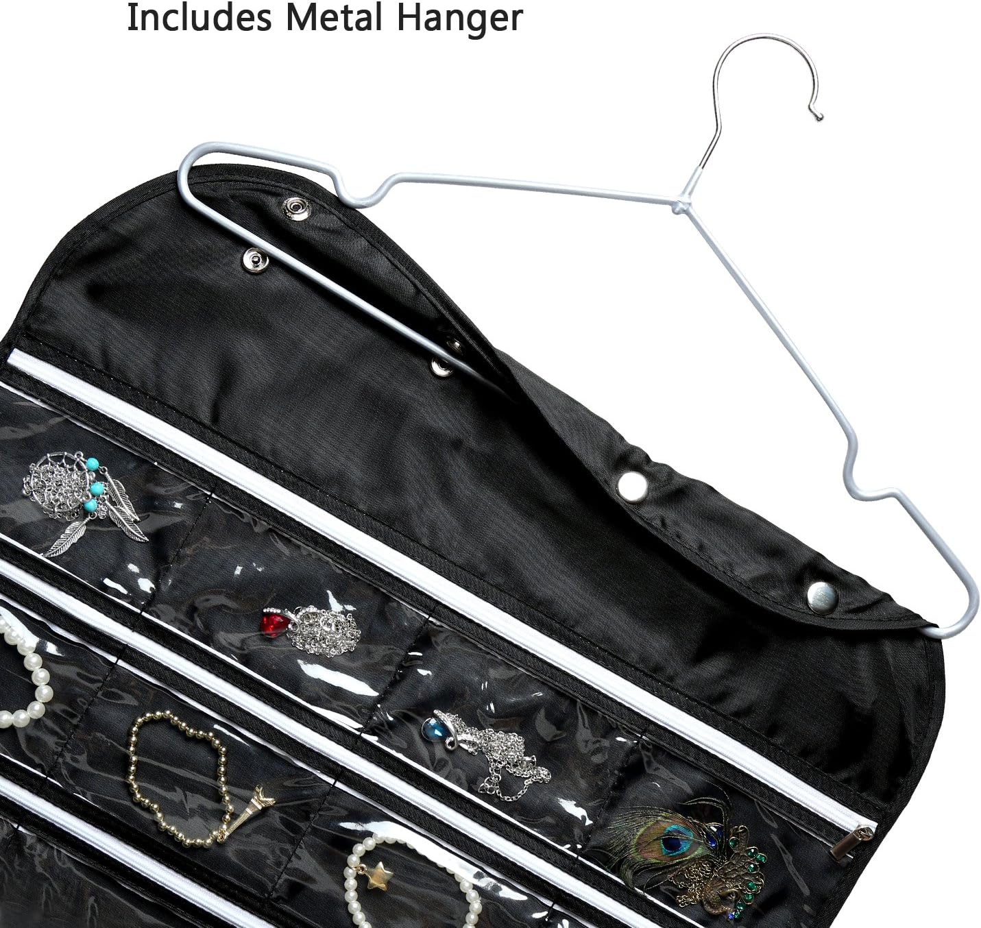 BB Brotrade Hanging Jewelry Organizer,Accessories Organizer,56 Zipper Pocket Organizer for Holding Jewelries (Black-Zipper)