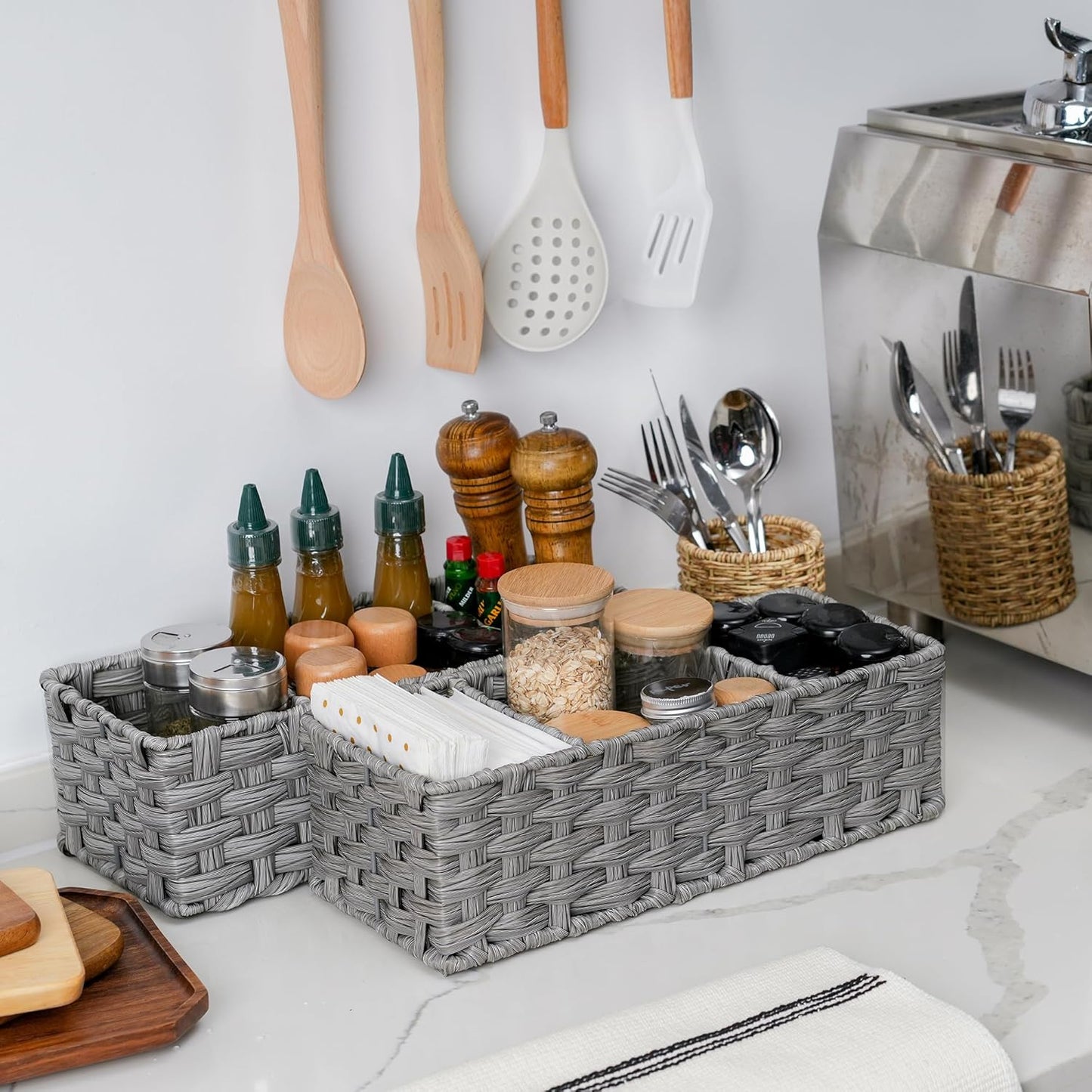 GRANNY SAYS Toilet Tray Tank Topper, Wicker Baskets for Storage, Set of 2 Waterproof Bathroom Basket for Organizing, Gray Bathroom Organization Baskets, 14¼" x 6" x 4¼"