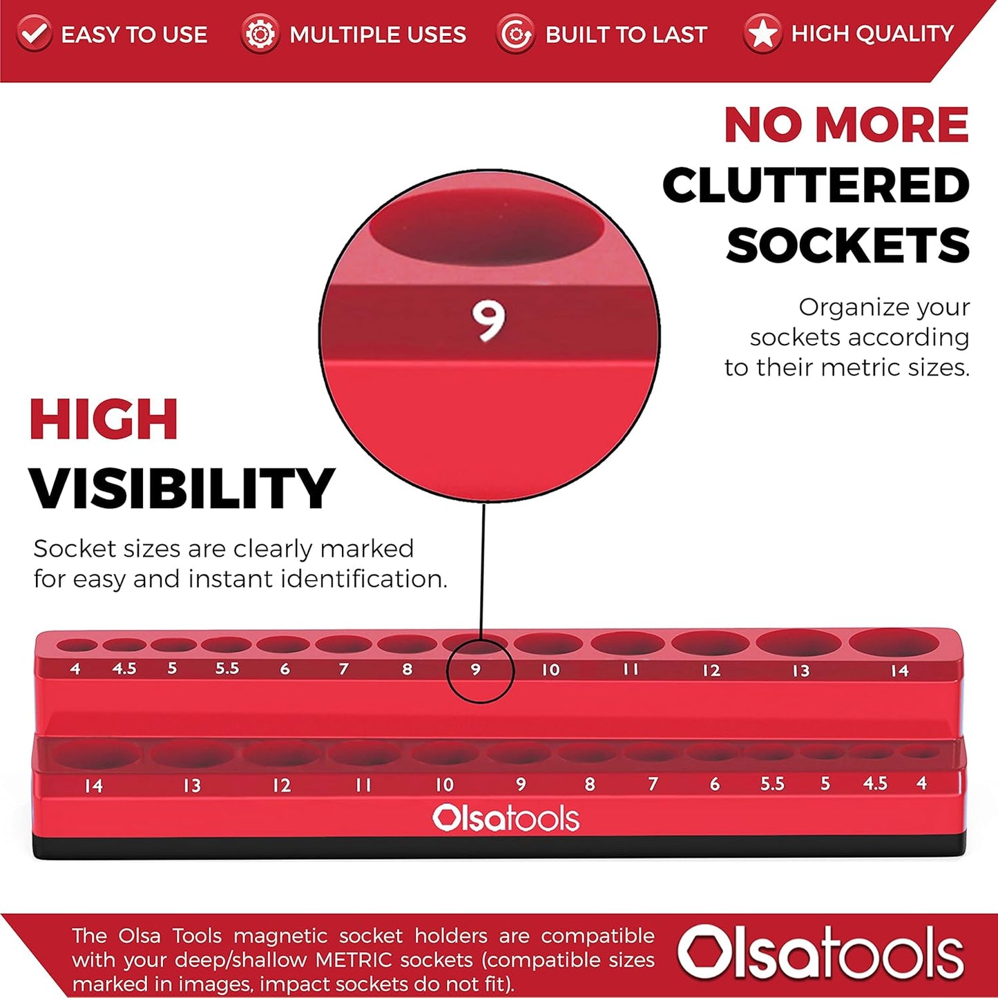 Olsa Tools Magnetic Socket Holder | 1/4-inch Drive | Metric | Red | Holds 26 Sockets | Professional Quality Tools Organizer