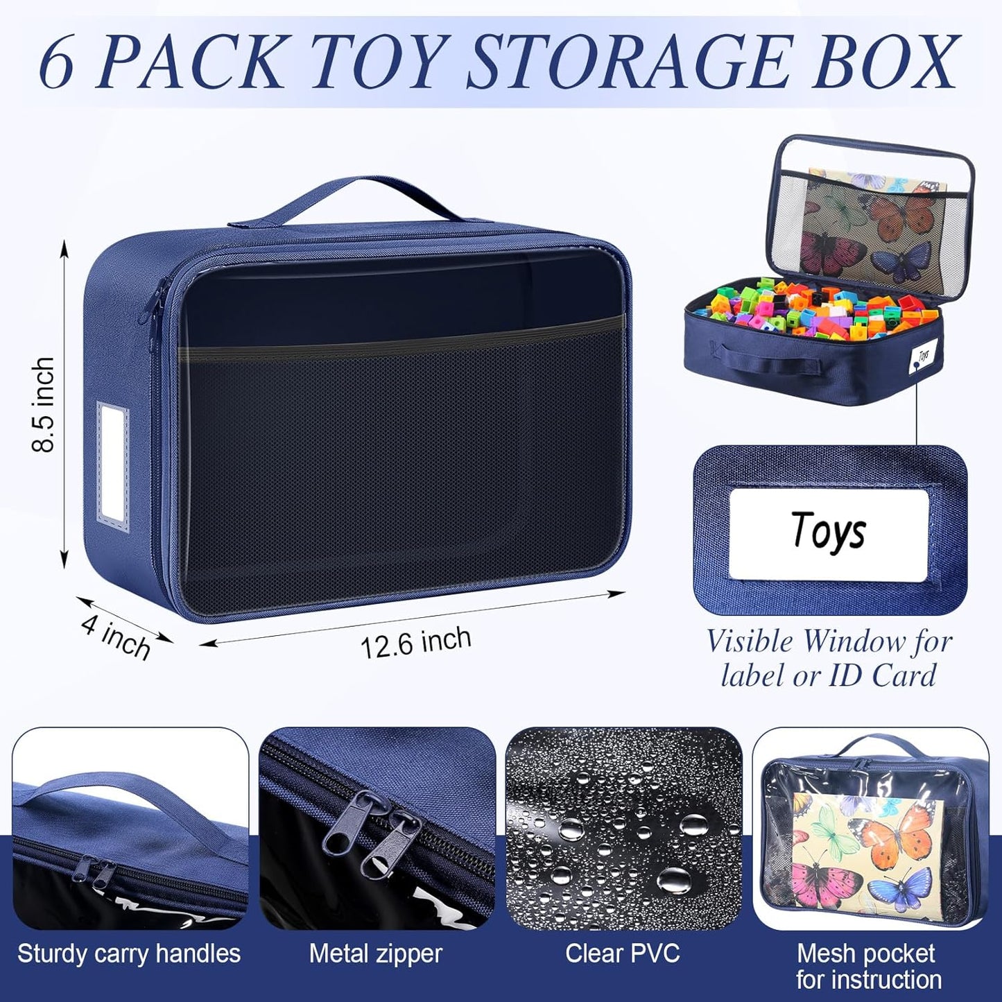 Abbylike 6 Pack Toy Storage Bag Bricks Building Set Car Toy Organization Bags for Traveling Carrying Case, Storage Organizer Puzzles(Navy)
