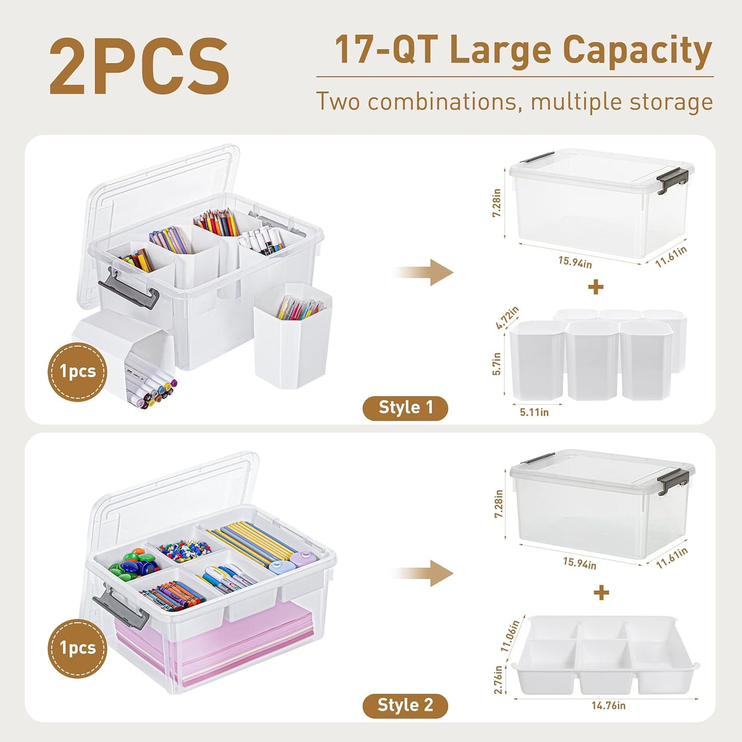 Citylife 17 QT Plastic Storage Box with Removable Tray and 6 Detachable Tall Inserts Craft Organizers and Storage Clear Storage Container for Organizing Crayon, Craft, Sewing, Playdoh, 2 Packs
