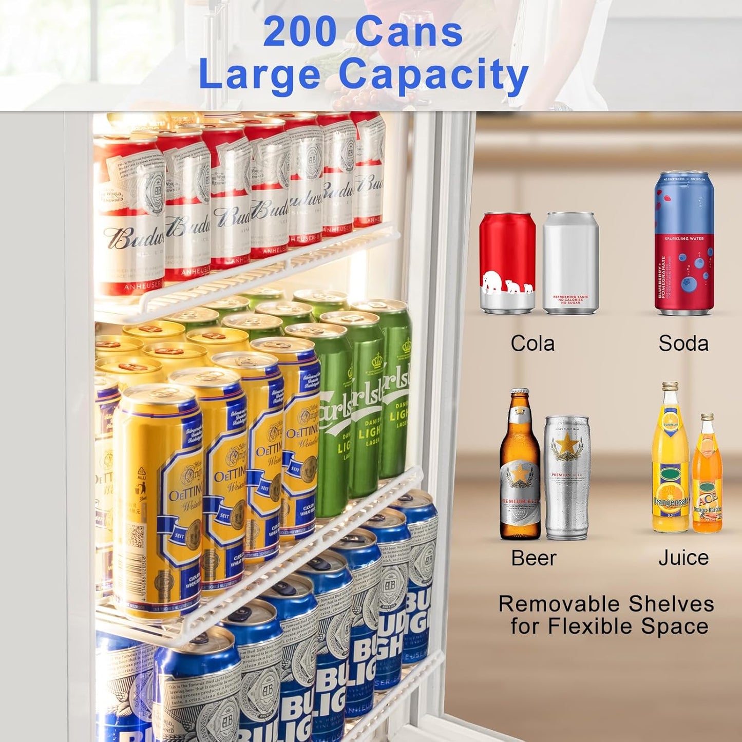 24 Inch Beverage Refrigerator with Glass Door, Undercounter Beverage Fridge 200 Cans Large Capacity, Beverage Cooler for Beer Soda with Reversible Door, Temperature Control, Safety Lock, White