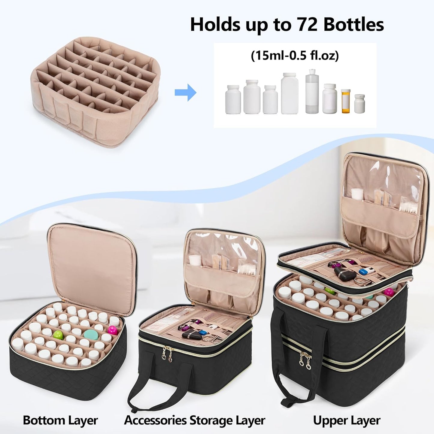 Yarwo Pill Bottle Organizer Storage Bag, 3 Layers Medicine Travel Case Empty with Demountable Design and Dividers for Pills, Potions, Vitamins and Emergency First Aid Supplies, Black (PATENT DESIGN)