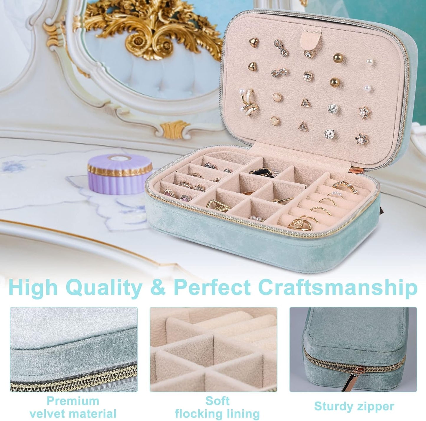 Dajasan Velvet Jewelry Boxes, Mini Travel Jewelry Case, Small Portable Travel Jewelry Organizer Box for Earrings Bracelets Rings Necklace (Cyan Blue)