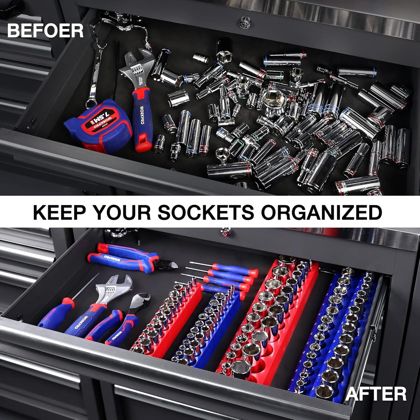 WORKPRO Magnetic Socket Organizer Set, 4-Piece Socket Holder Set Includes 1/4", 3/8" Drive Metric & SAE Socket Trays, Holds 108 Pieces Standard and Deep Size Sockets (Sockets not Included)