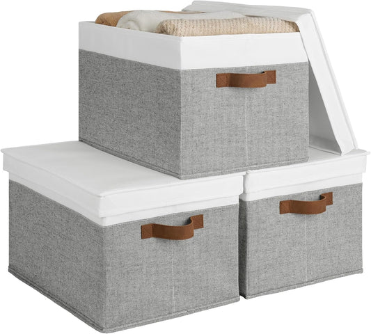 StorageWorks Storage Bins with Lids, Decorative Storage Boxes with Lid and PU Handles, Foldable Storage Baskets for Closet, Shelves, Stackable, Gray and White, Jumbo, 3-Pack
