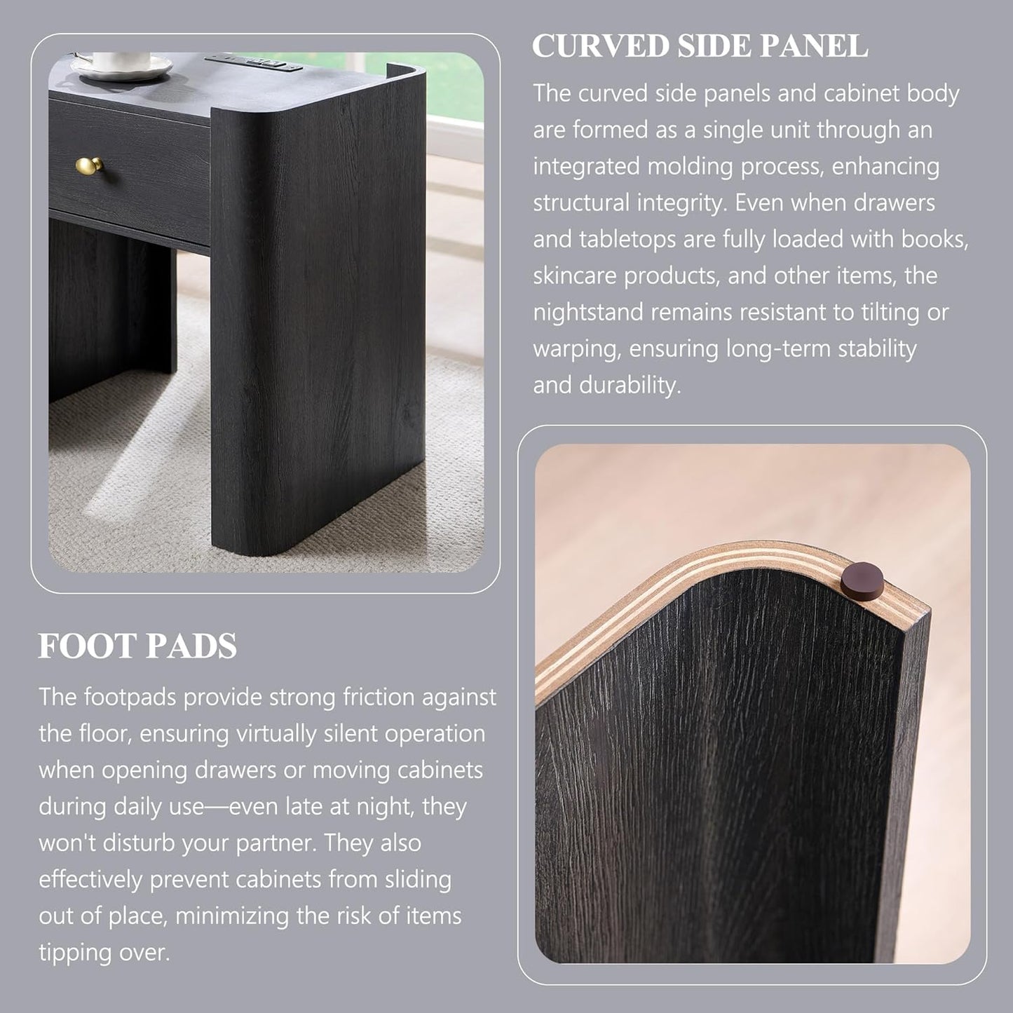 23.6" Tall Modern Nightstand Set of 2, 22" Wide Curved Bedside Table with Charging Station, Wooden Night Stand with 1 Storage Drawer, Large End Table for Bedroom, Living Room, Dark Grey