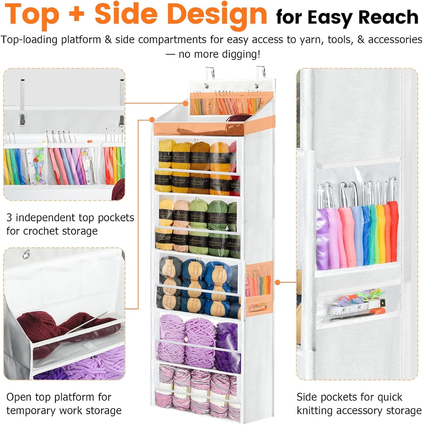 Yarn Storage Organizer, Yarn Holder Over the Door Hanging Crochet Kit Storage with 5 Zippered Compartments, Large Capacity Sewing Organizer Gifts for Knitters Needles Storage Crochet Hooks