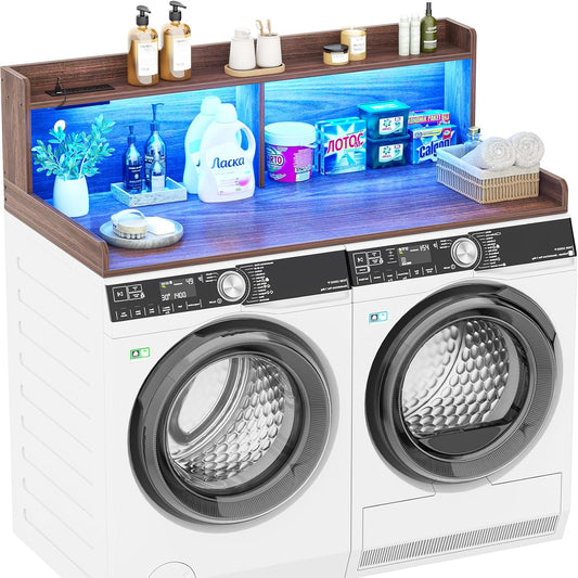 Aheaplus Washer and Dryer Countertop, 2-Tier Laundry Countertop Cover with LED Lights and Power Strip, Large Space Laundry Topper with Shelf for Laundry Room Organization, Brown