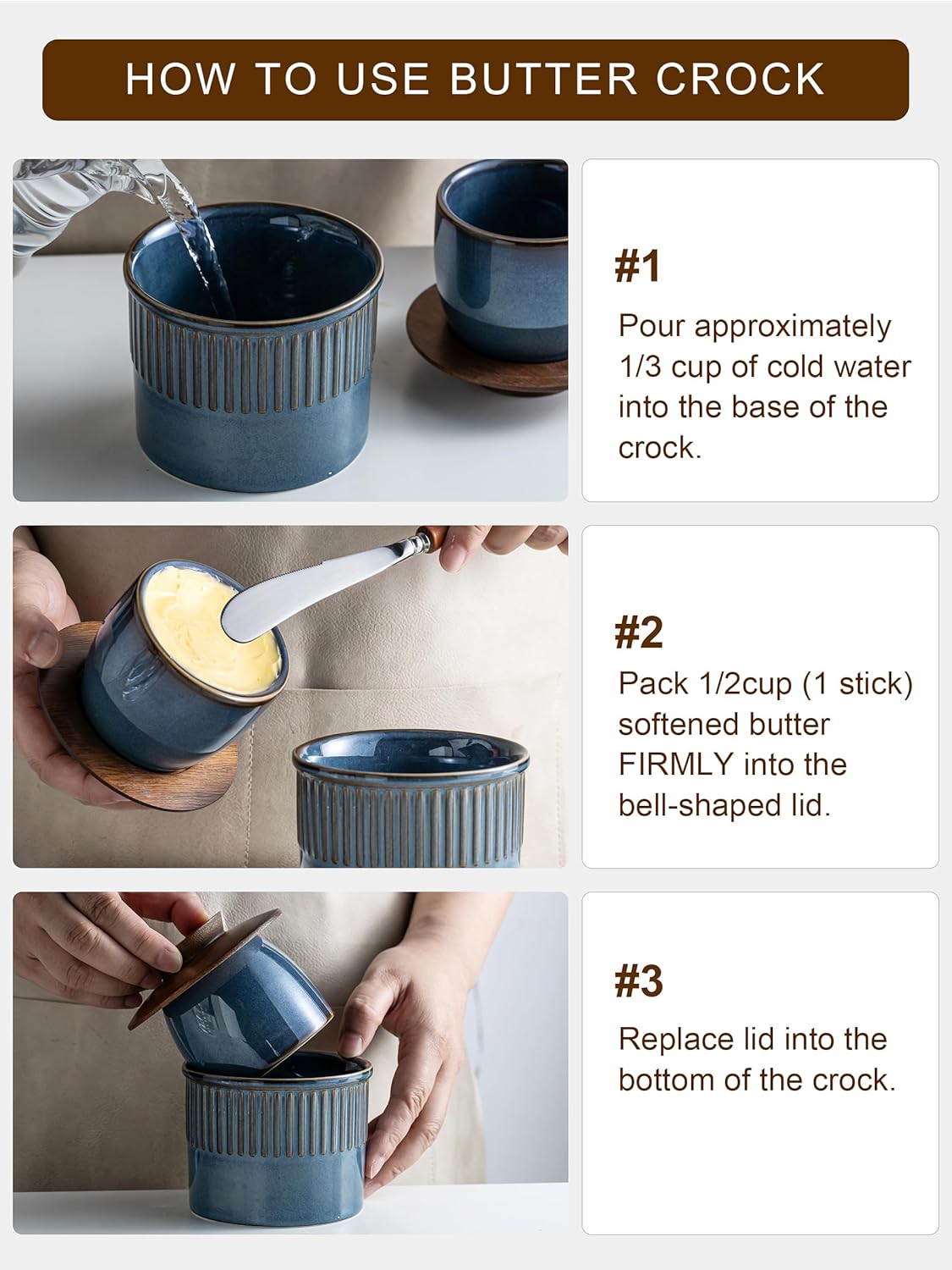 Ceramic Butter Dish with Lid, Butter Crock for Countertop, French Butter Keeper, Farmhouse Cow Pattern, Blue