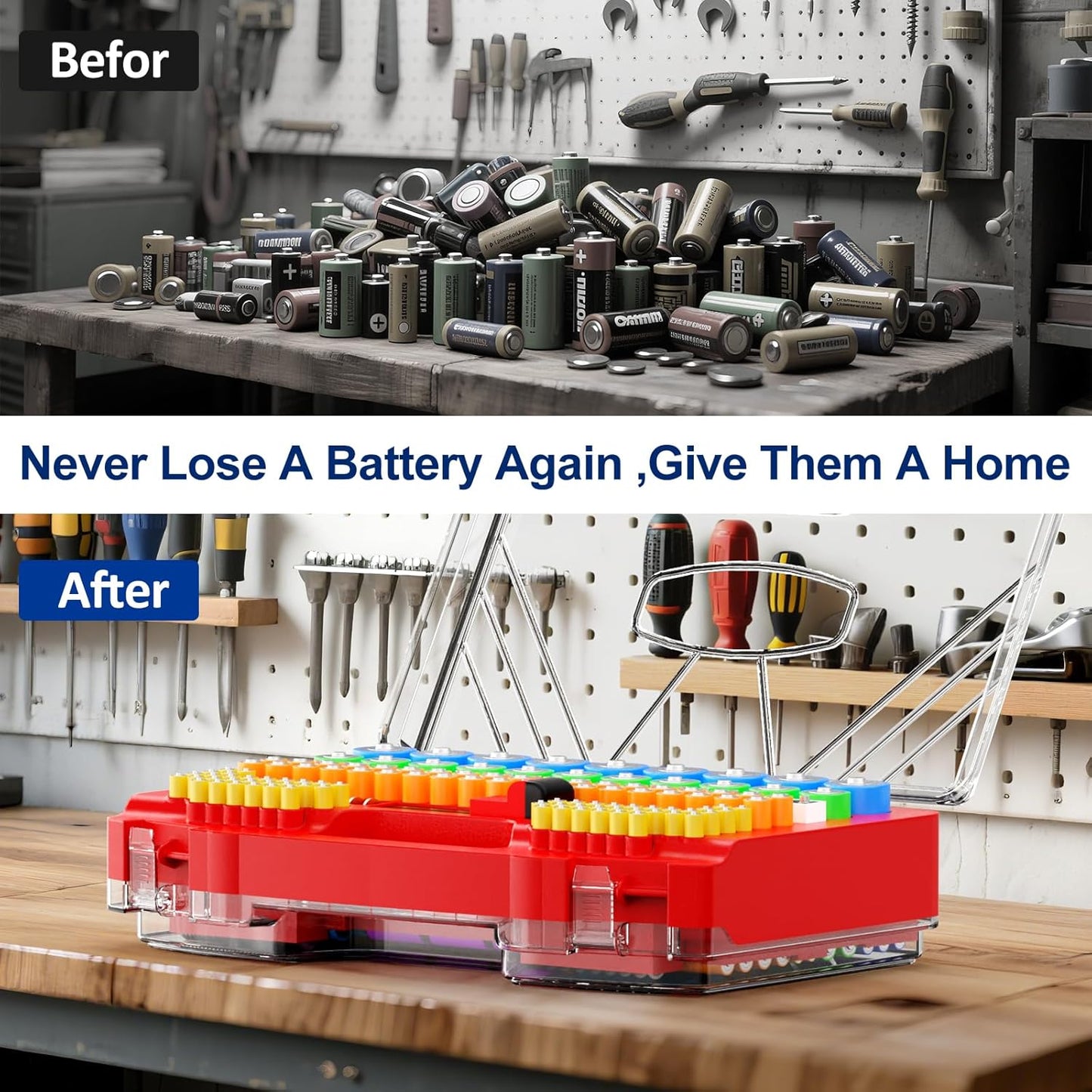 Battery Organizer Storage Holder Box Case with Tester, Stores & Protects Up to 285+ Batteries, Double-Sided and Durable Design,Holds AA AAA 4A C D Cell 9V 3V Lithium LR44 CR2 CR123 (Red)
