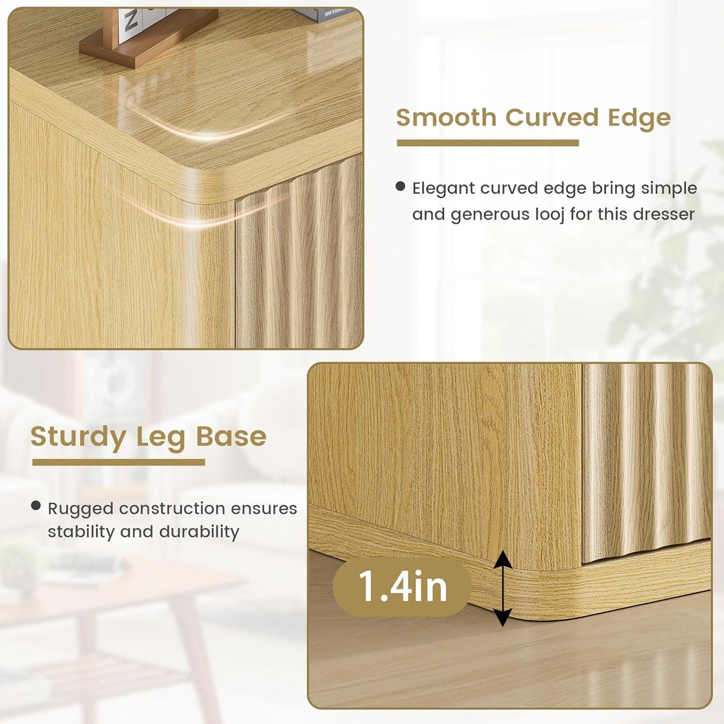 Fluted Nightstand Set of 2, Natural Oak Night Stand with 3 Drawers, Bedside Table with Storage, Mid Century Modern End Table Bedside Table Set, Curved Profile Handleless Design, 25” Wide